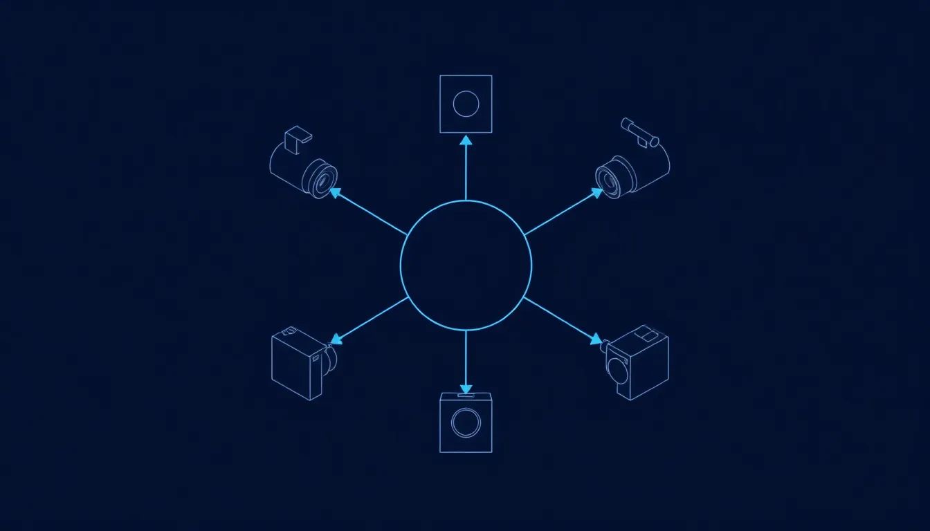Minimal geometric editorial diagram showing six camera positions arranged around a central subject point on a deep navy background with electric blue accent arcs indicating angles