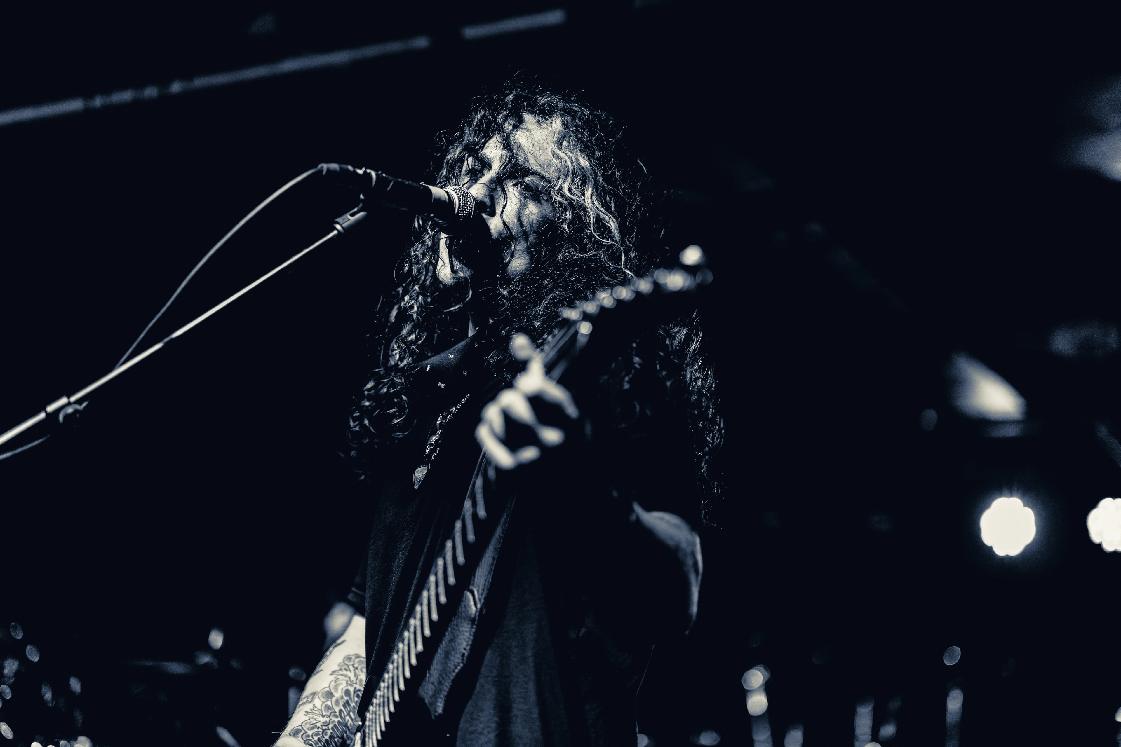 A long-haired musician performs at a microphone while playing an electric guitar, silhouetted against stage lights with a dark background.