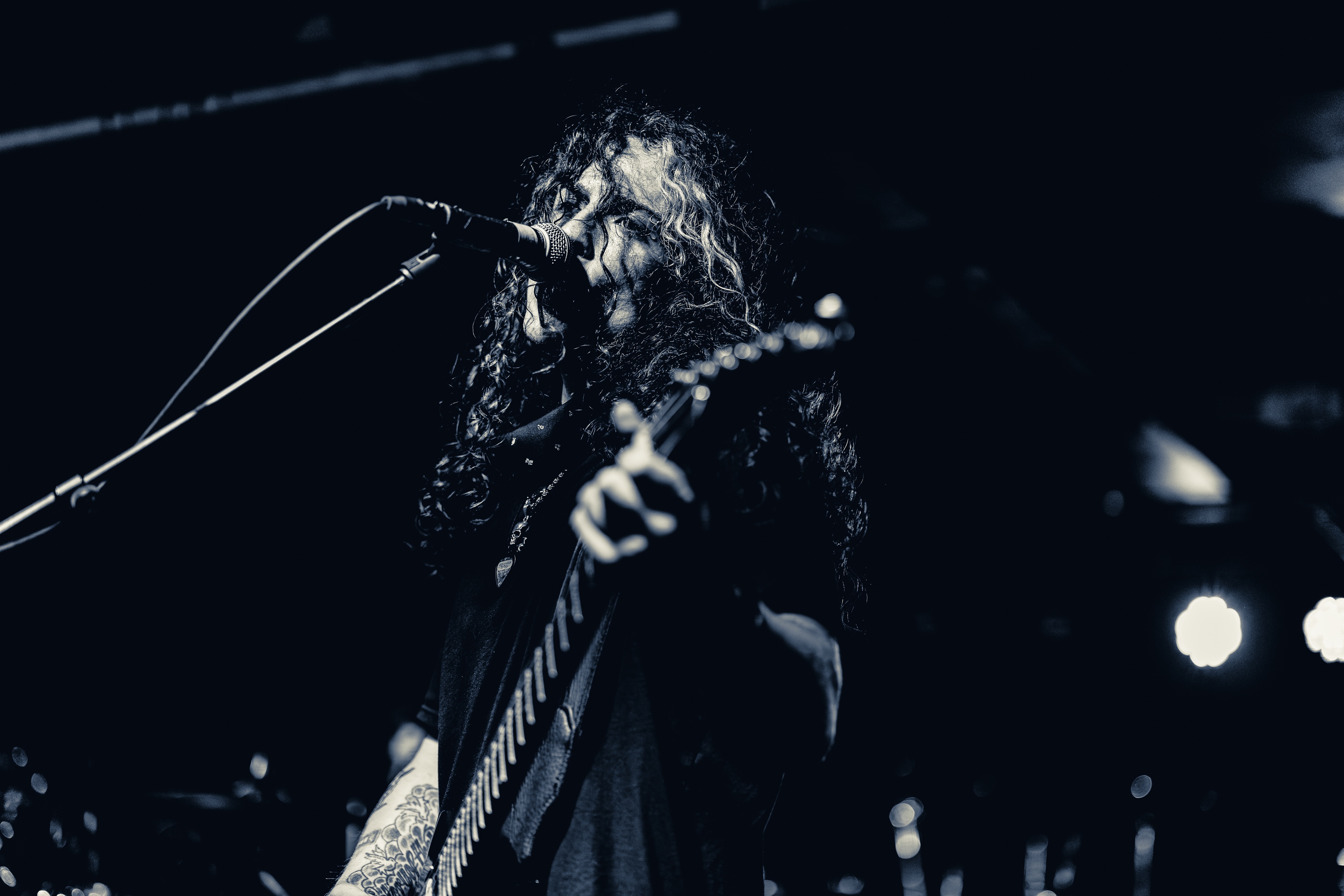A long-haired musician performs at a microphone while playing an electric guitar, silhouetted against stage lights with a dark background.
