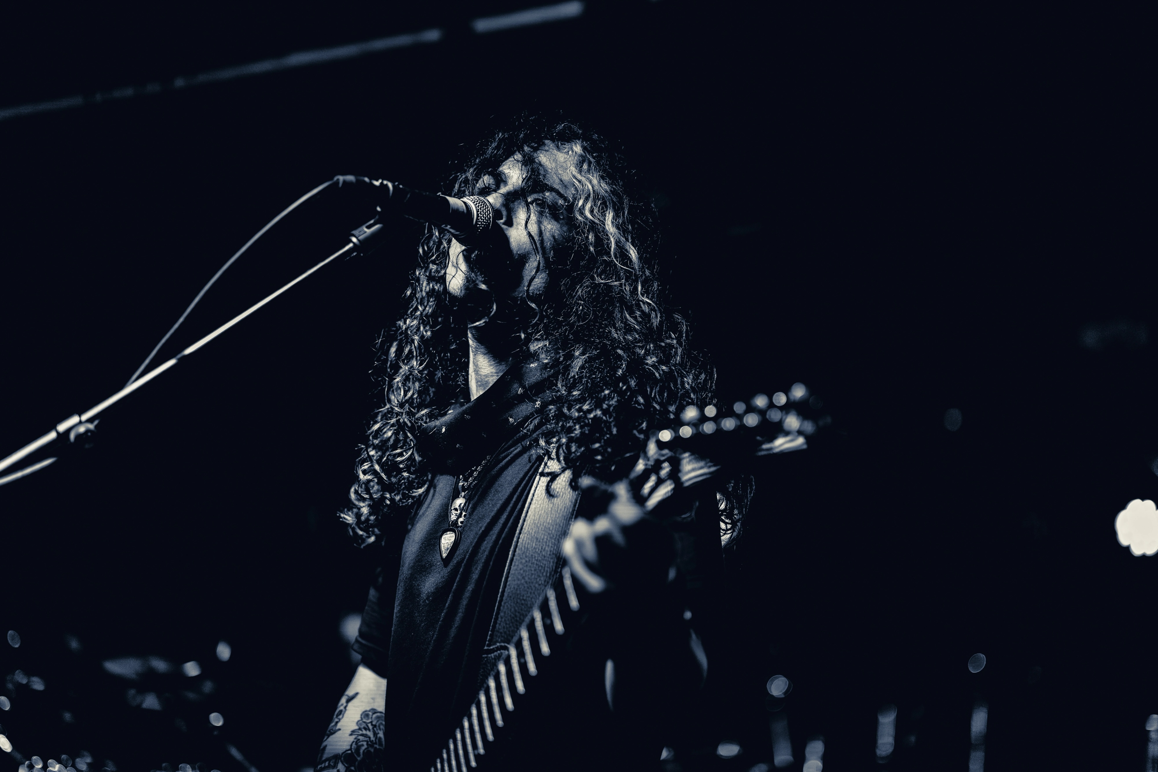 A long-haired musician performs at a microphone while playing an electric guitar, lit dramatically against a dark stage with ambient bokeh lights.