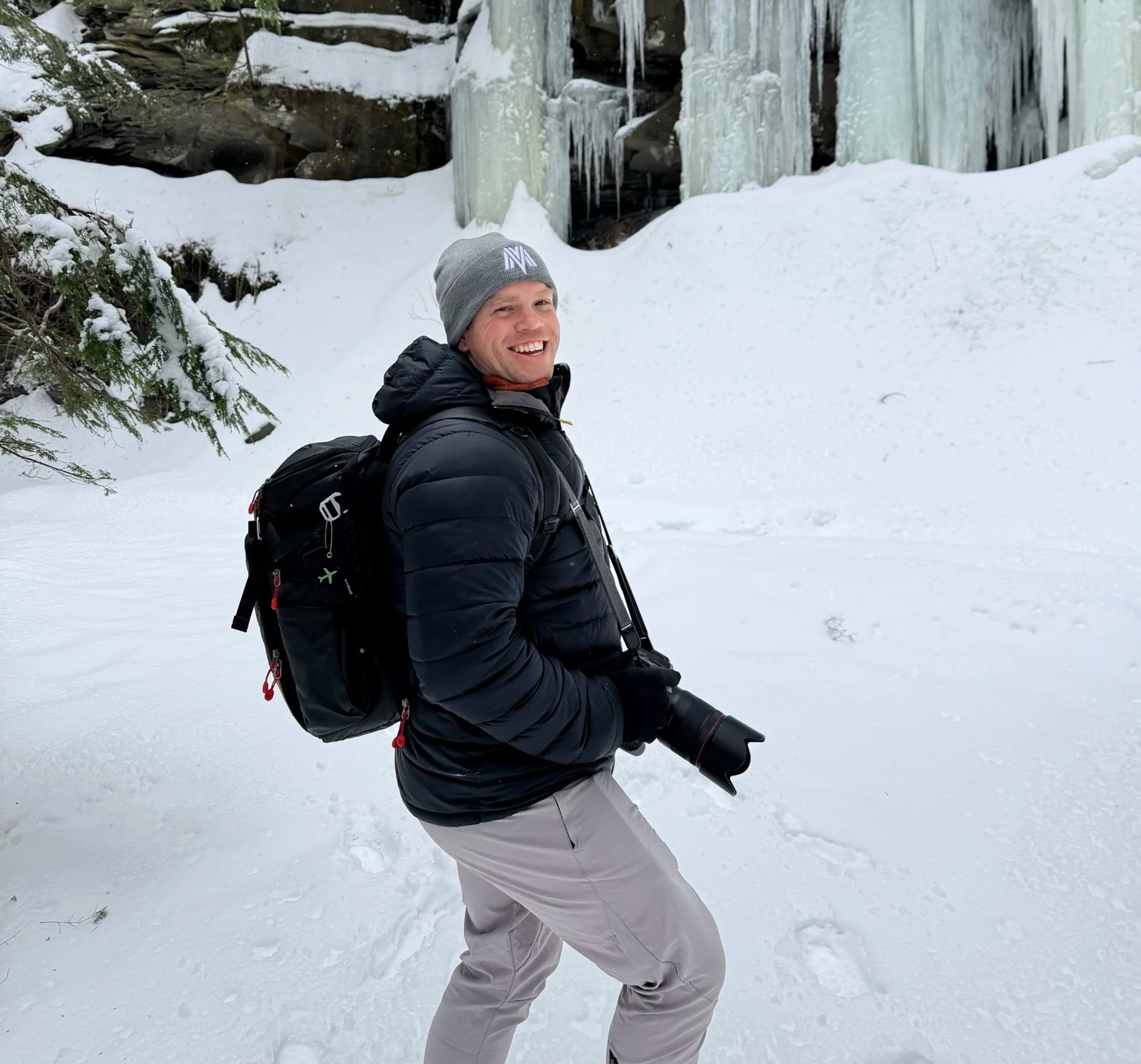 Jared Shooting in the Icy waterfall