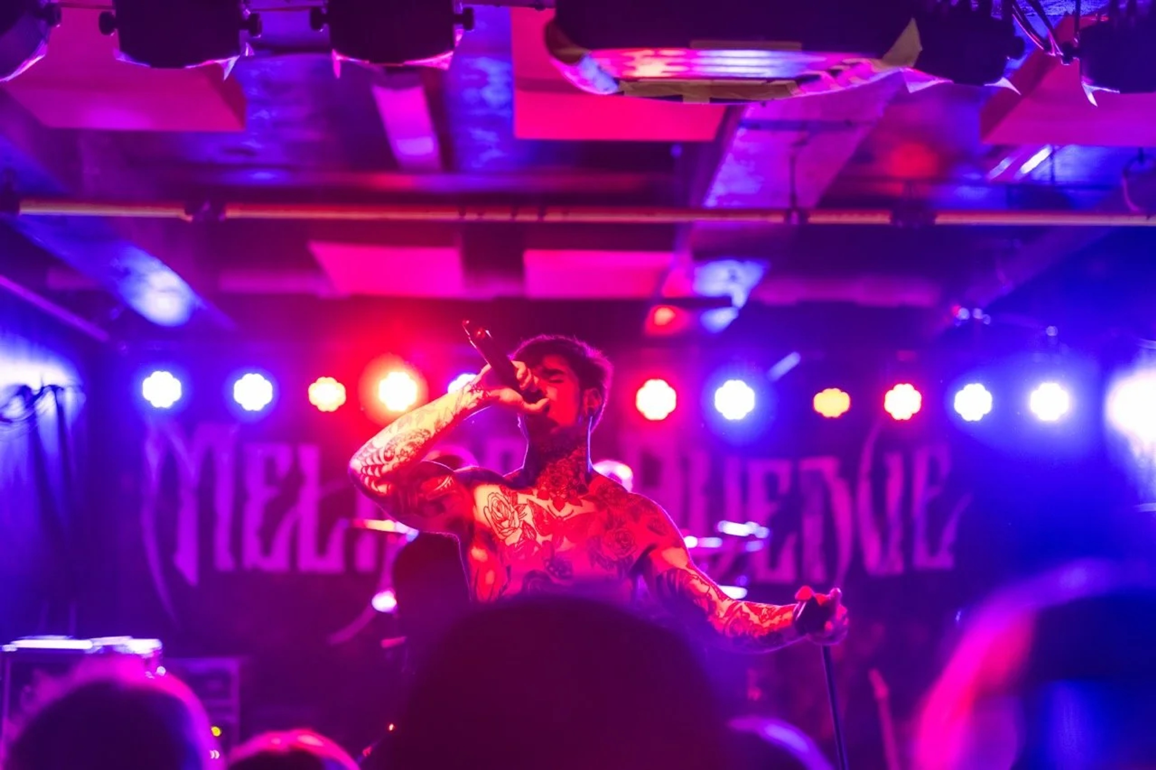 A tattooed singer on stage grips a microphone with intensity, bathed in pink and blue stage lights, with a crowd silhouette in the foreground.