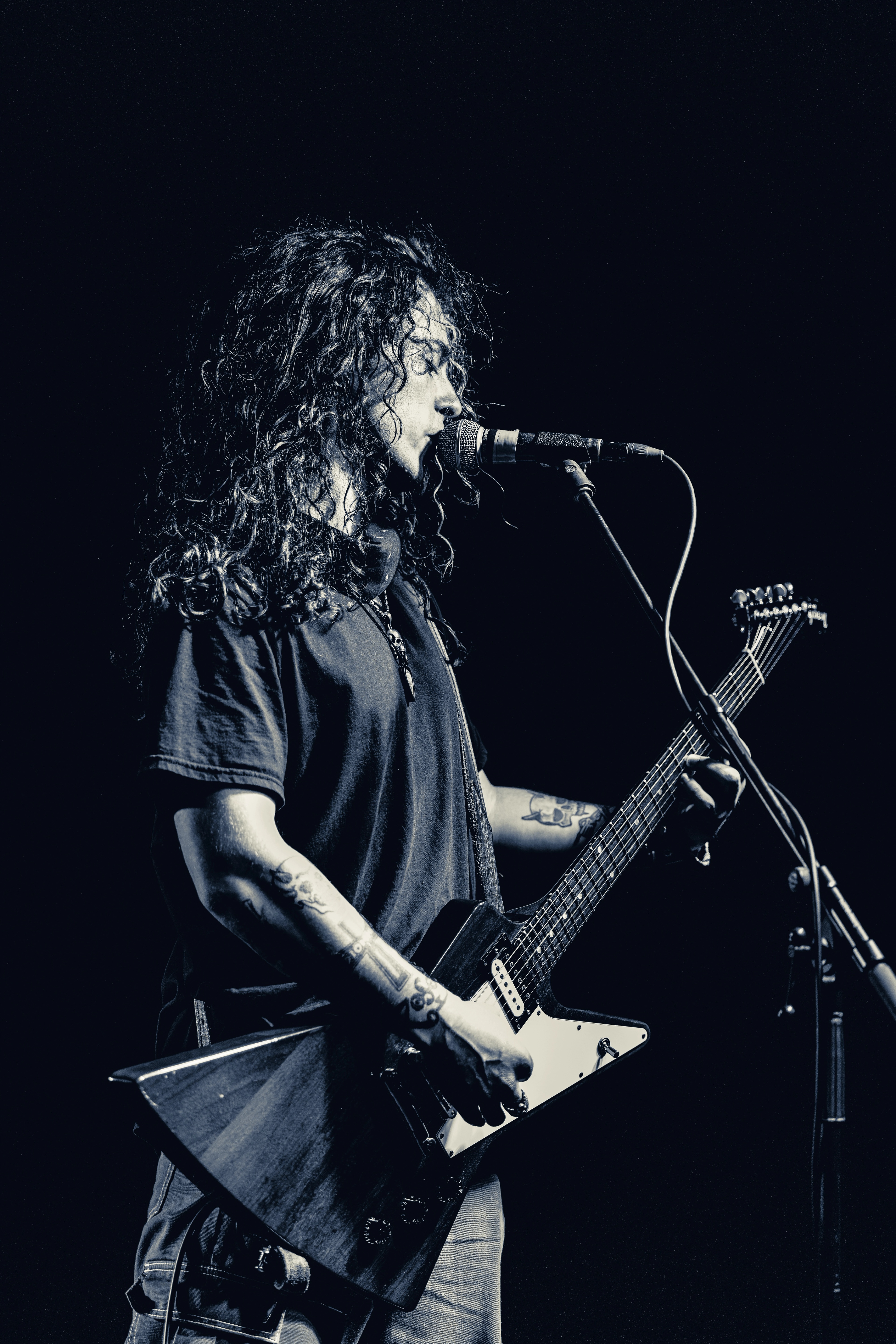 A musician with long curly hair plays bass guitar into a microphone on stage, silhouetted against a dark background with intense stage lighting.
