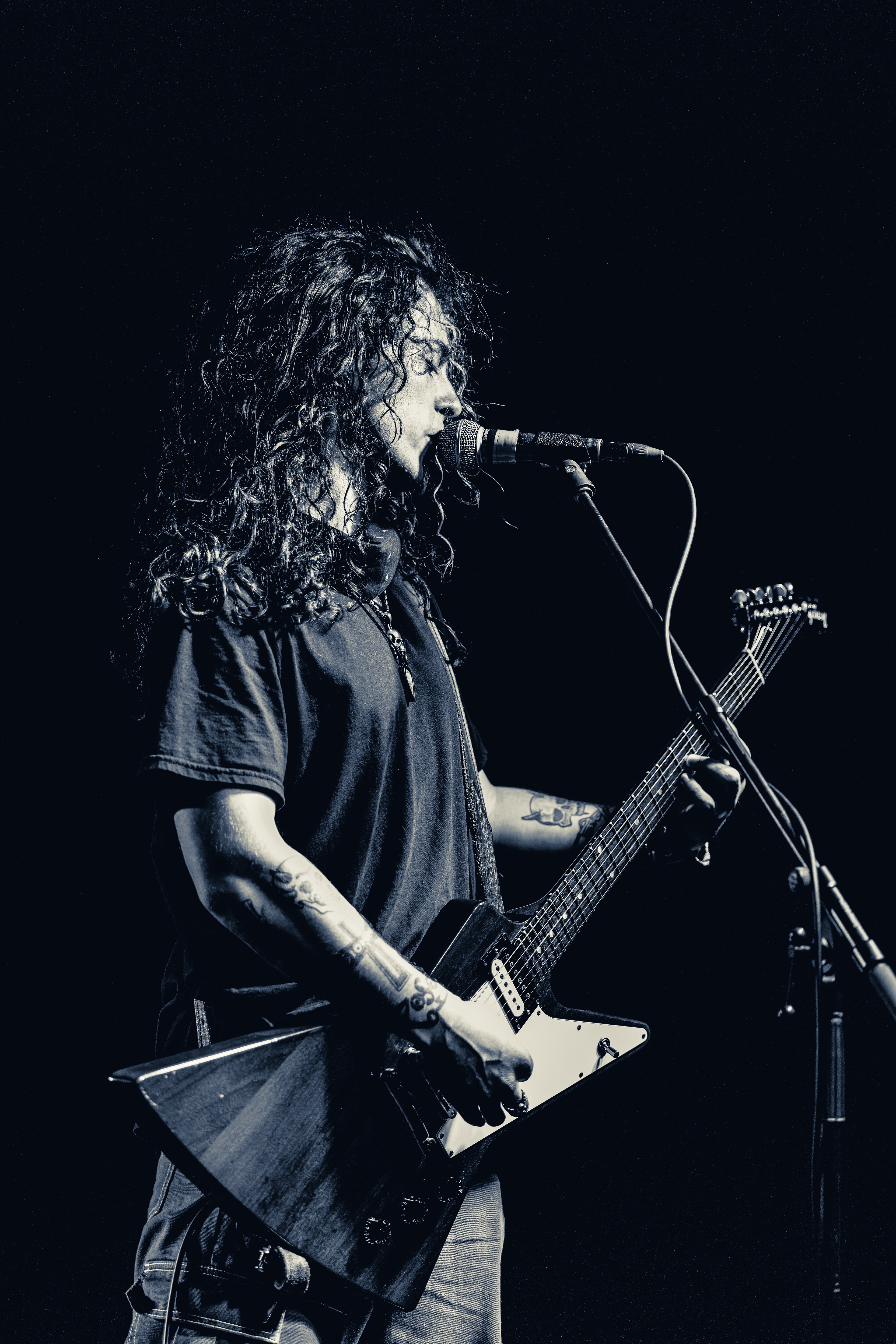 A musician with long curly hair plays bass guitar into a microphone on stage, silhouetted against a dark background with intense stage lighting.