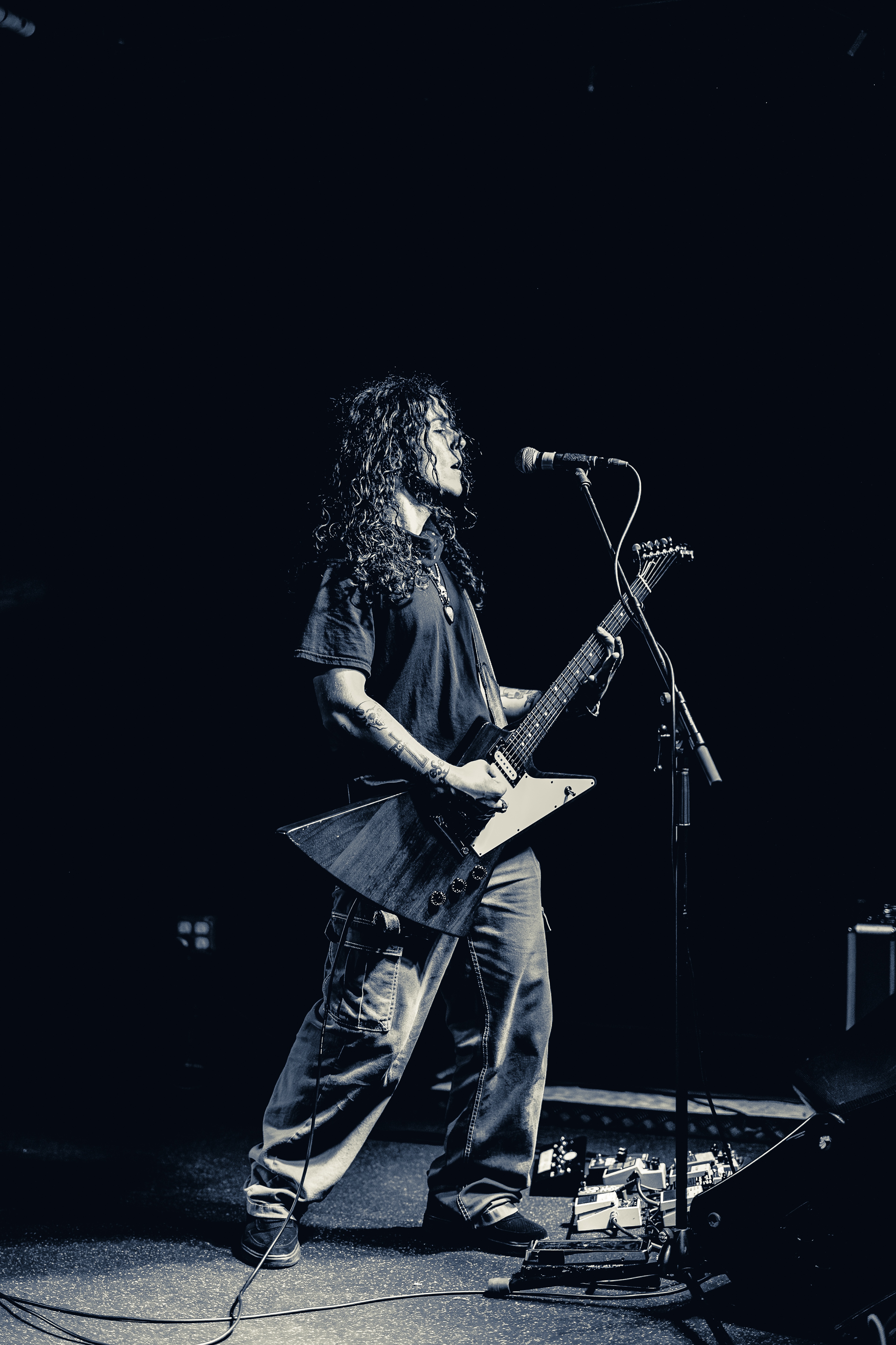 A guitarist with long curly hair plays an angular electric guitar at a microphone, silhouetted against a dark stage with dramatic lighting.