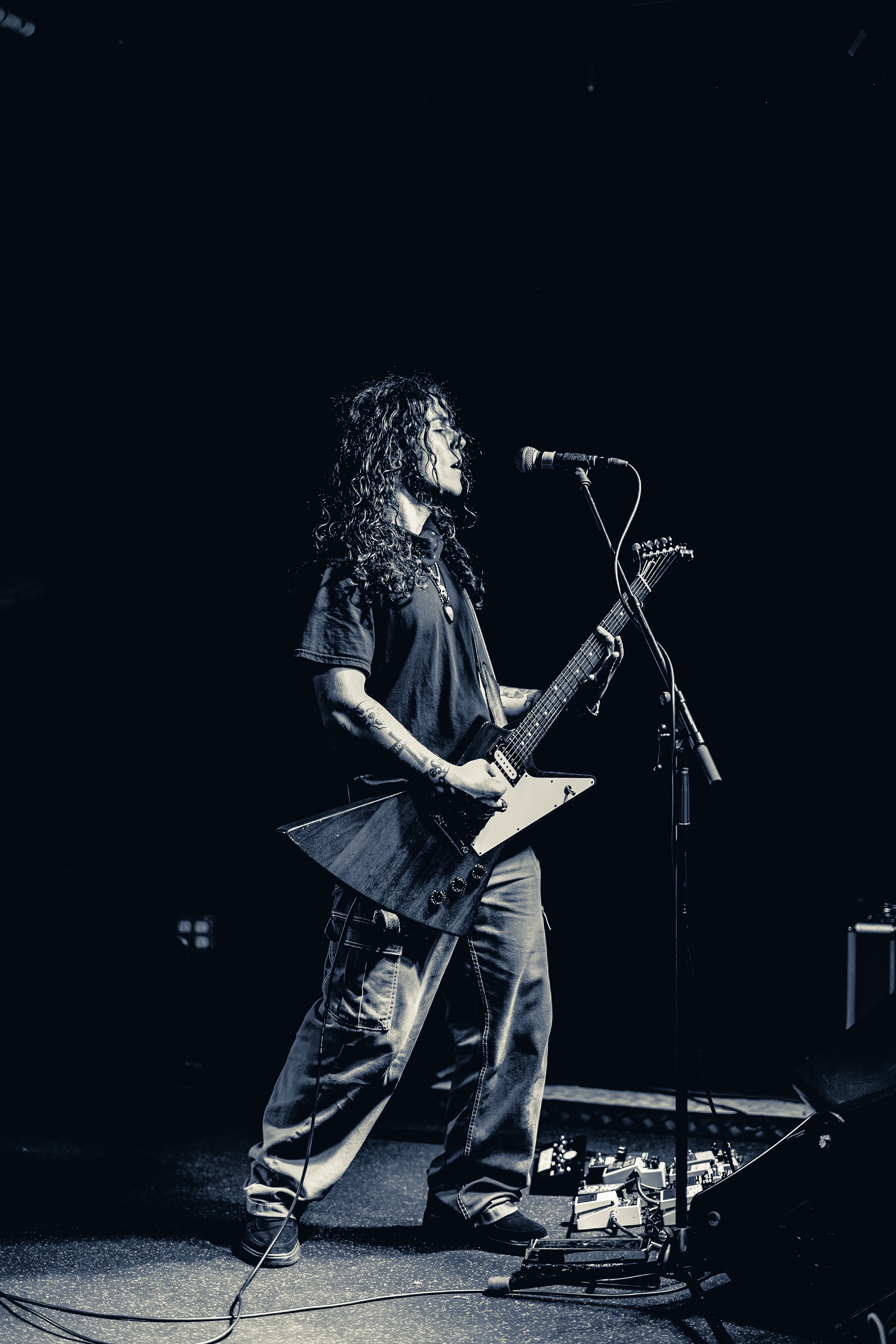 A guitarist with long curly hair plays an angular electric guitar at a microphone, silhouetted against a dark stage with dramatic lighting.