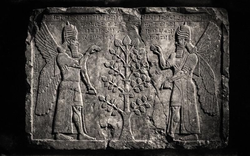 Illustration: a Sumerian-style stone relief with winged figures and cuneiform marks