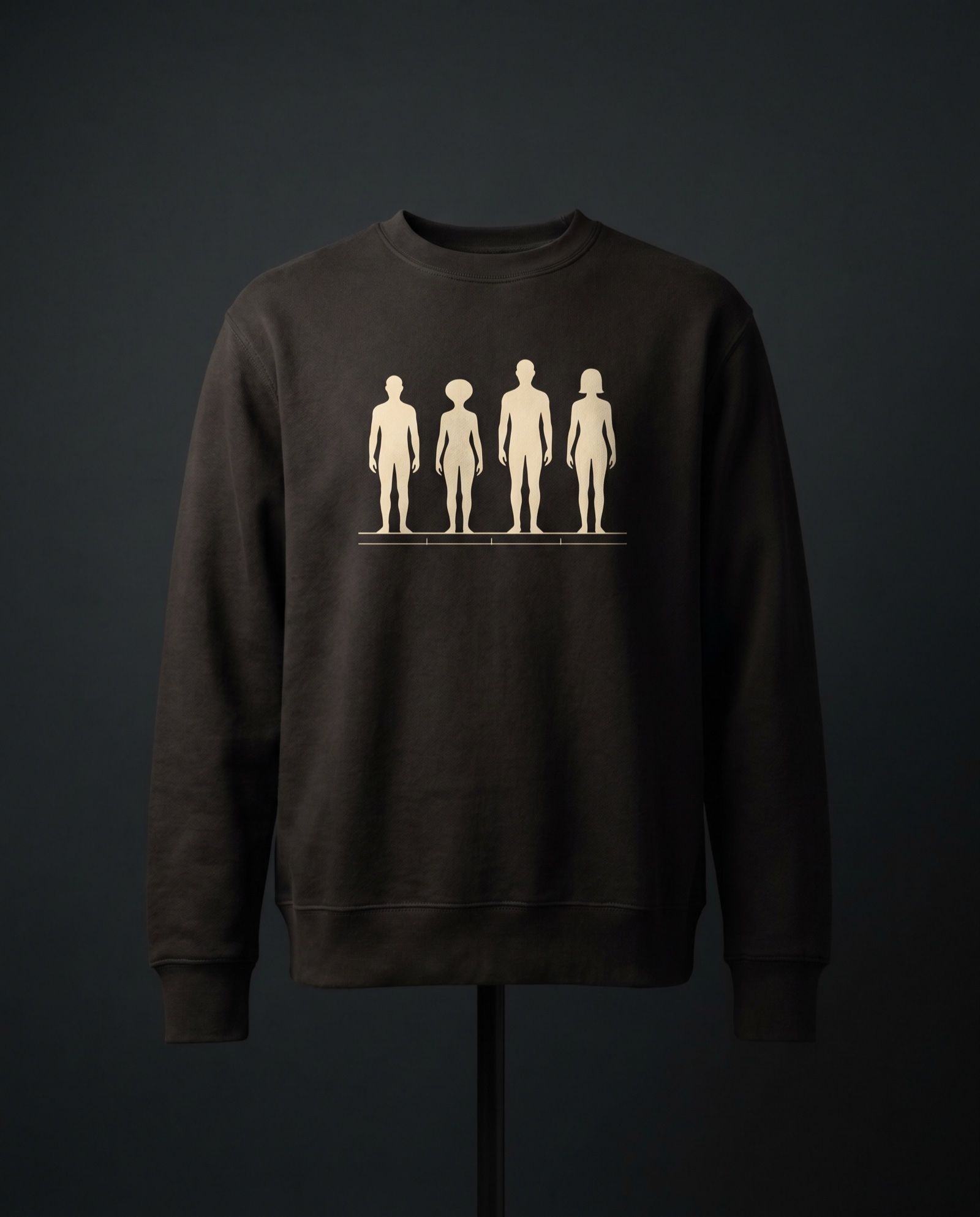 Mockup: off-black crewneck with four silhouetted figures in a row