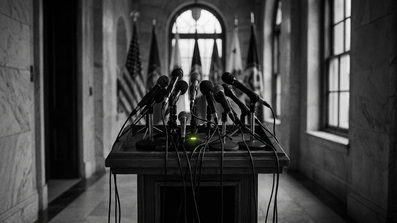 Illustration: an empty Capitol Hill press lectern with a cluster of microphones