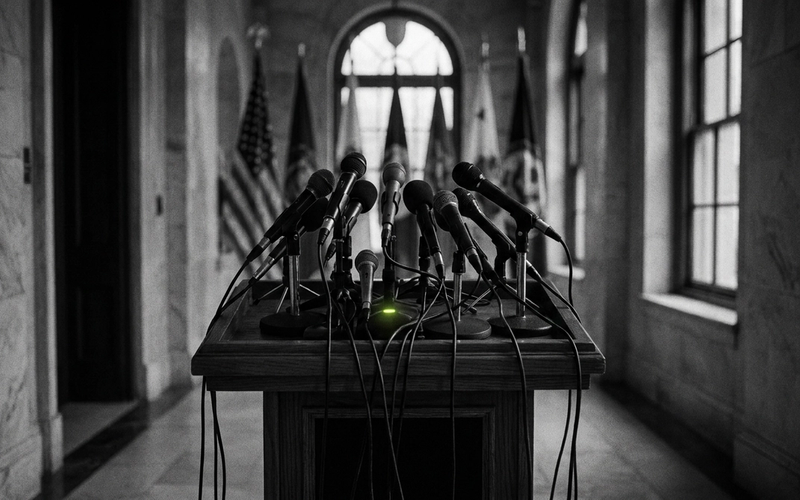 Illustration: an empty Capitol Hill press lectern with a cluster of microphones