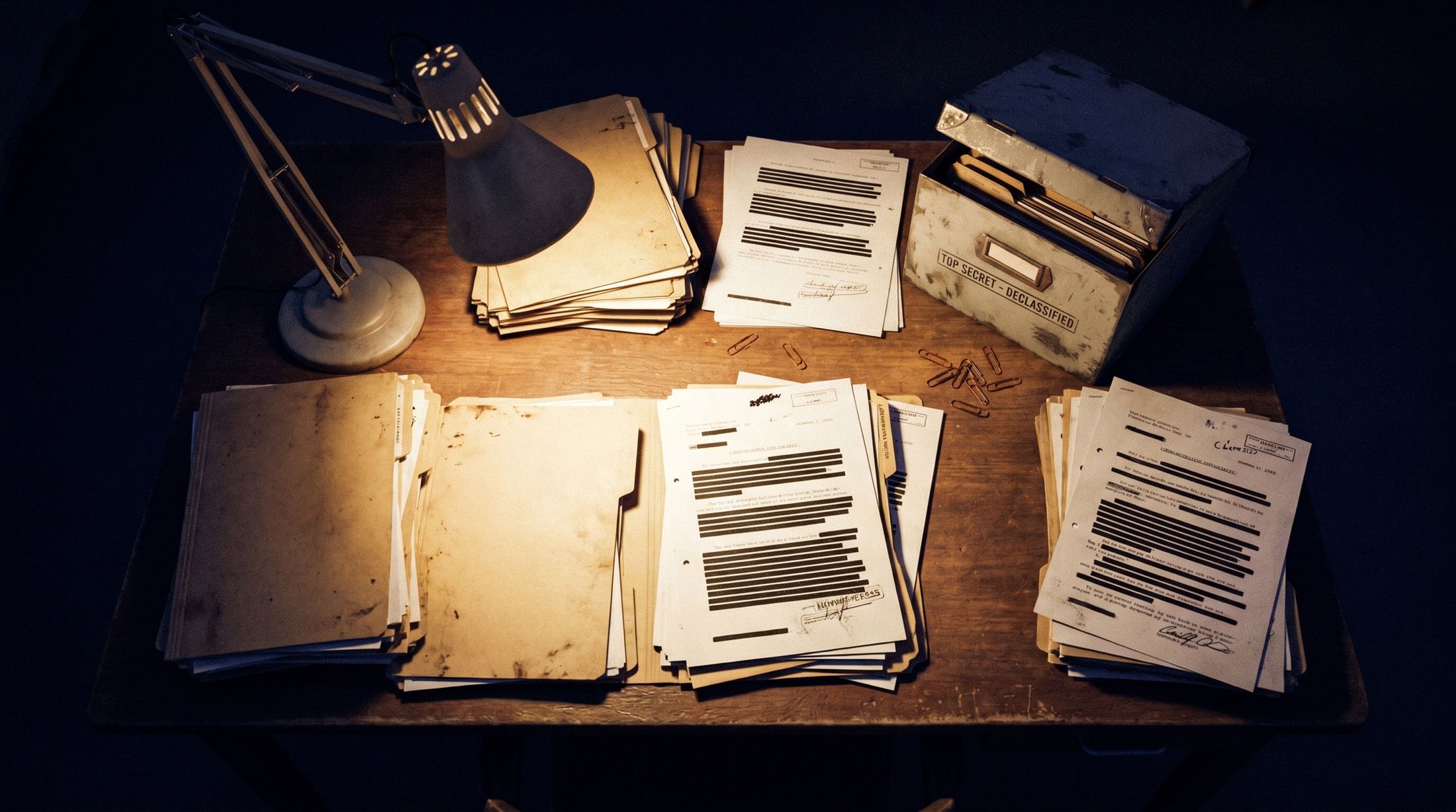 Illustration: a reading table stacked with redacted government files under a desk lamp