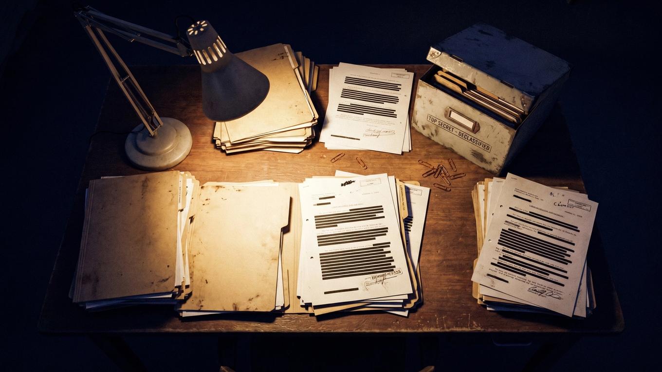 Illustration: a reading table stacked with redacted government files under a desk lamp