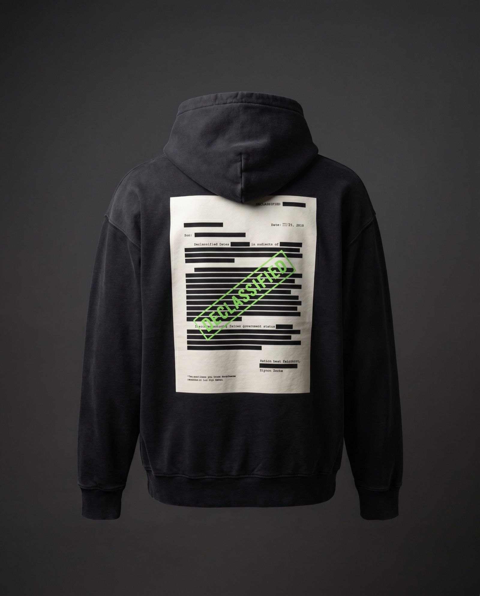 Mockup: washed-black hoodie with a declassified-document back print