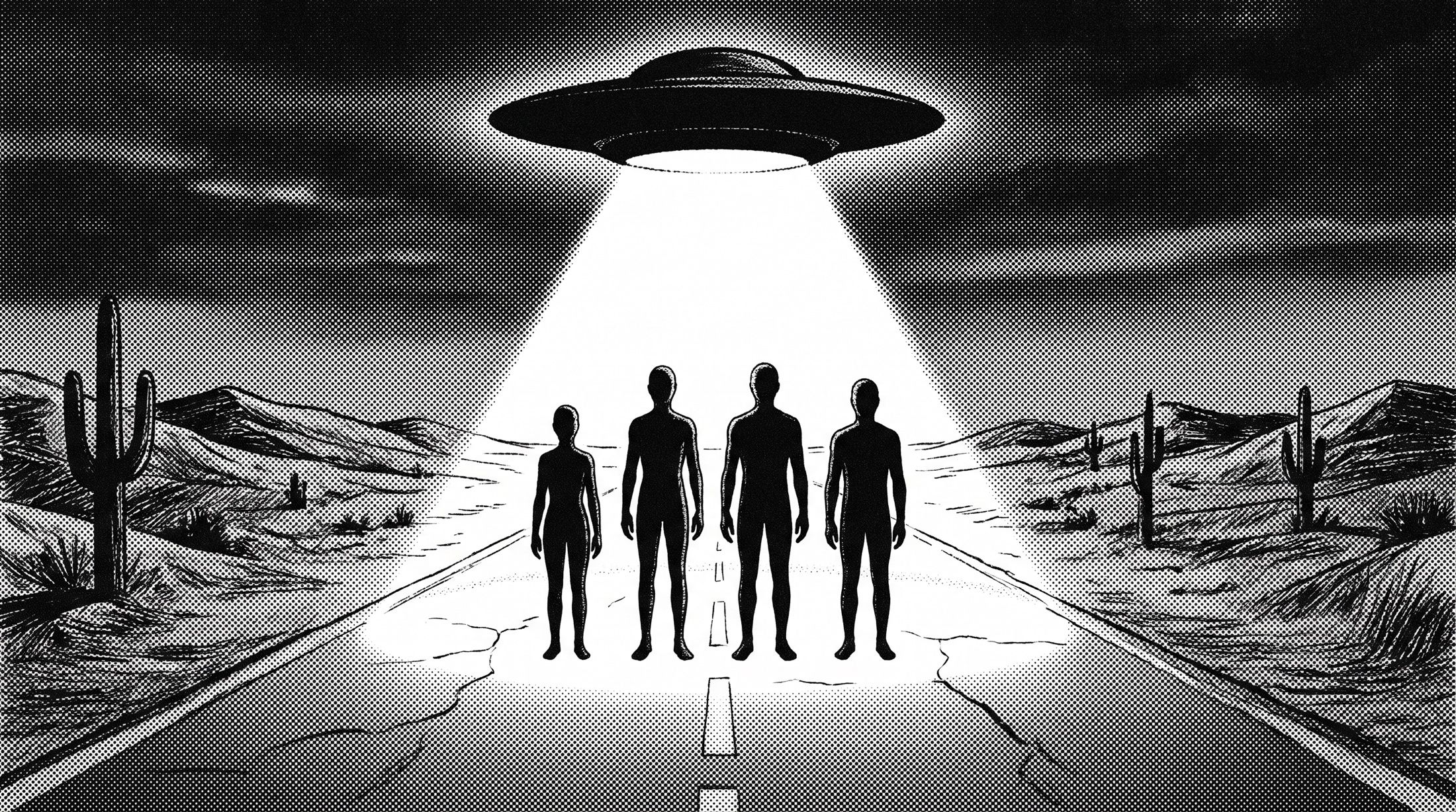 Illustration in 1950s pulp style: four silhouetted figures beneath a craft's beam of light