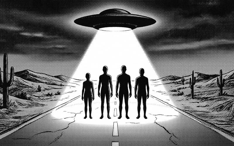 Illustration in 1950s pulp style: four silhouetted figures beneath a craft's beam of light