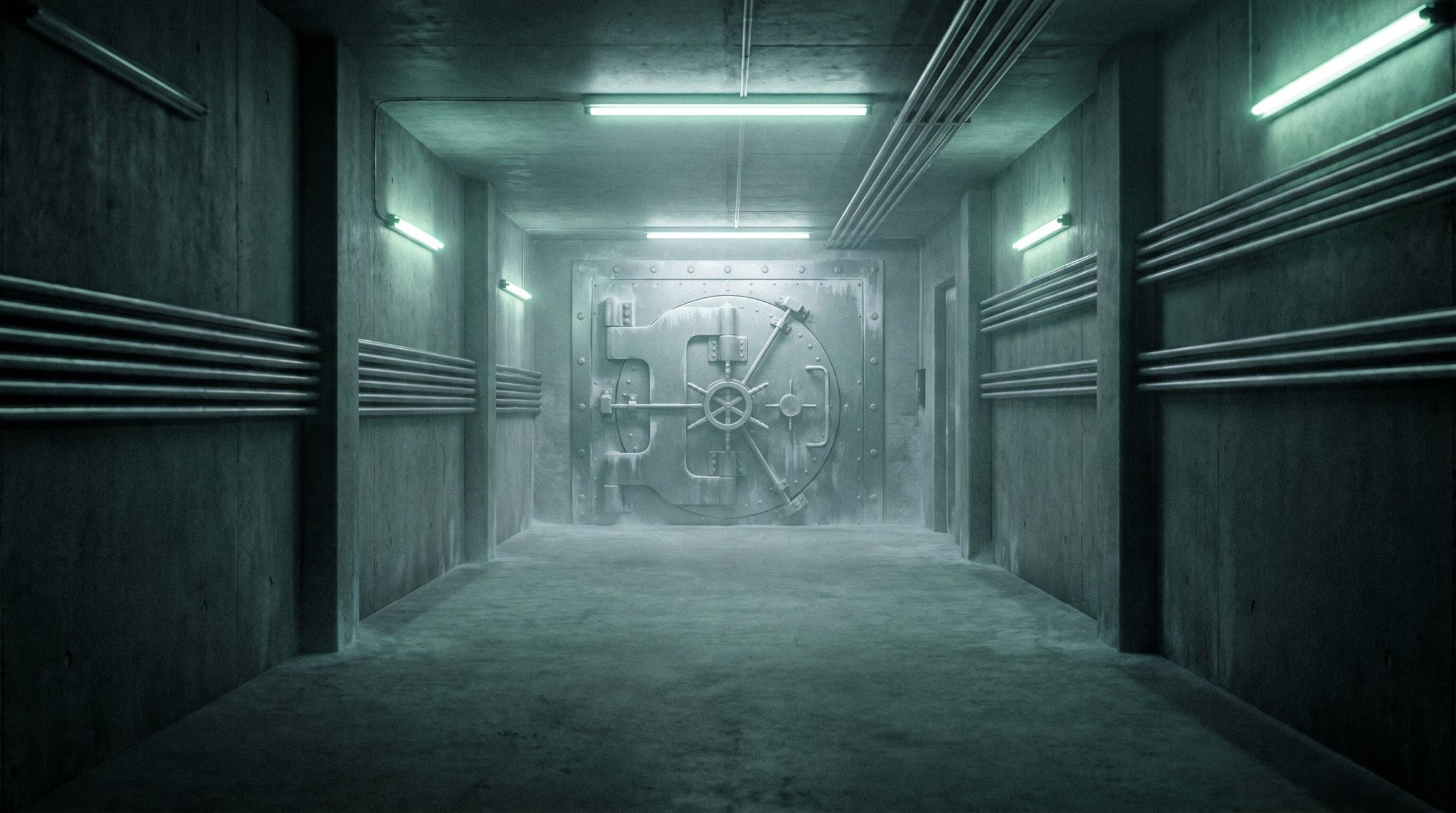 Illustration: a sealed vault door at the end of an empty institutional corridor