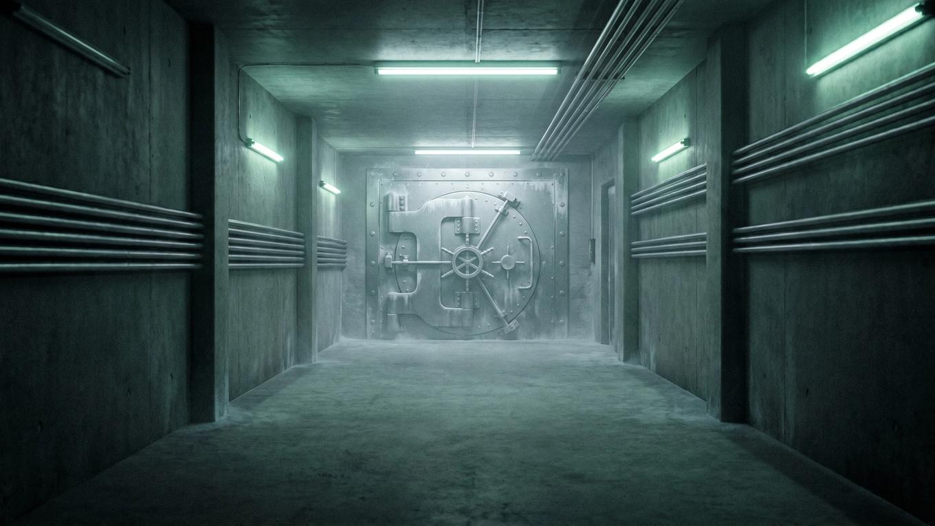 Illustration: a sealed vault door at the end of an empty institutional corridor