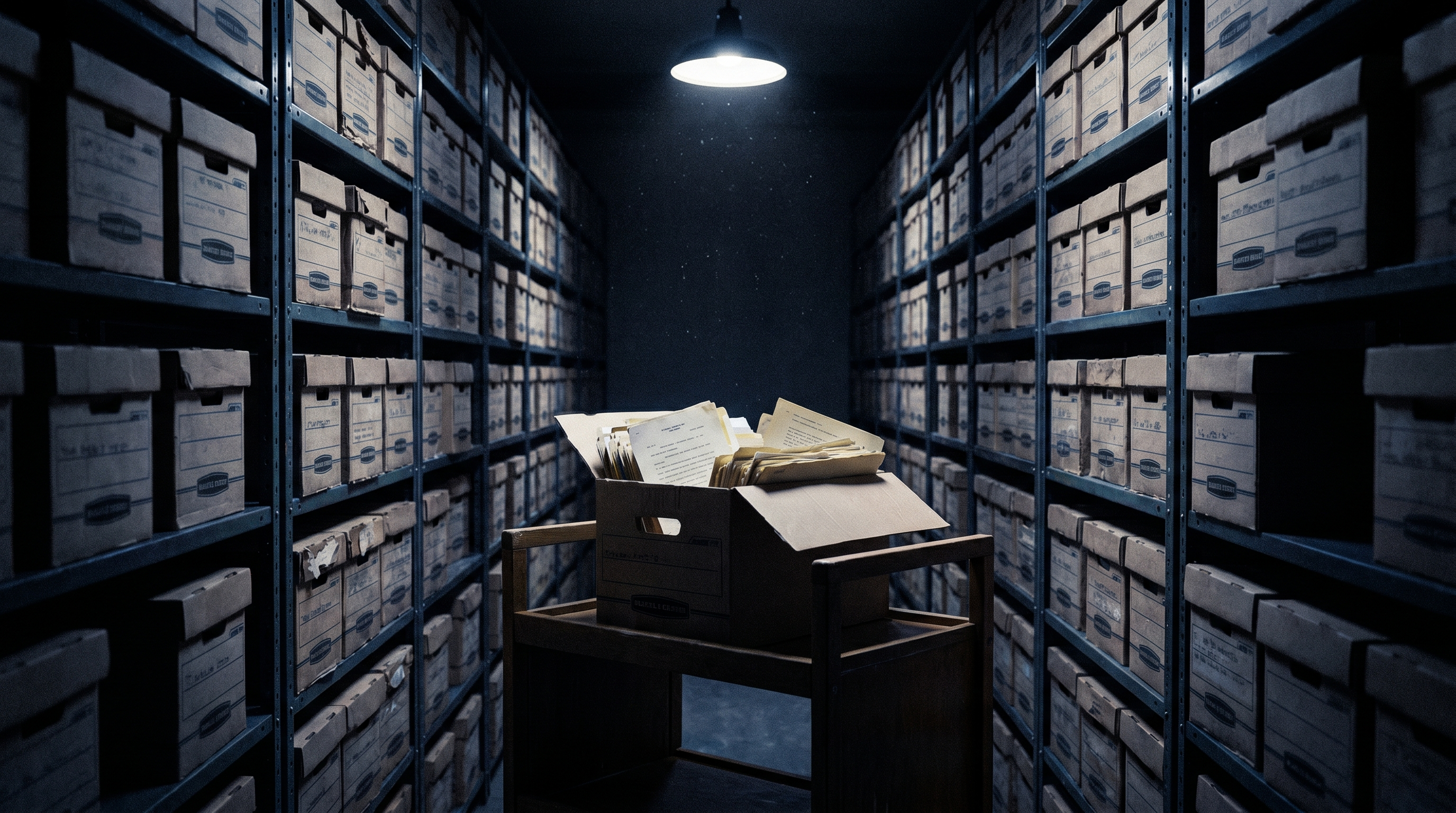 Illustration: an open records box on a cart in a federal archive repository