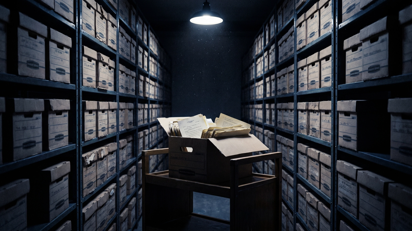 Illustration: an open records box on a cart in a federal archive repository