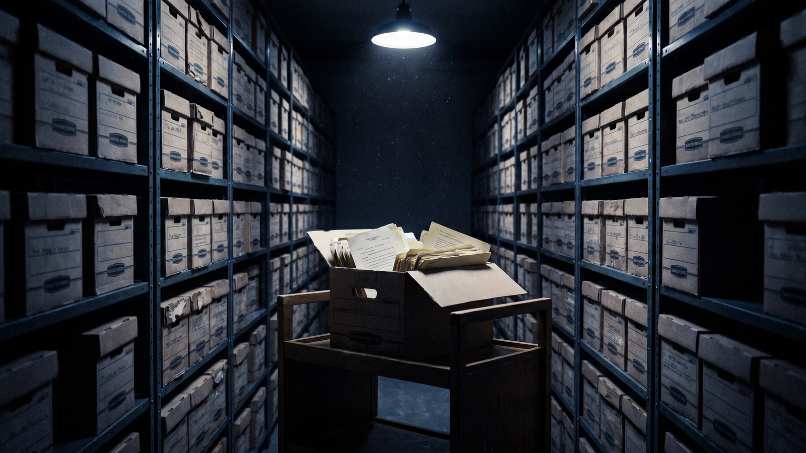 Illustration: an open records box on a cart in a federal archive repository