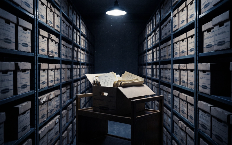 Illustration: an open records box on a cart in a federal archive repository