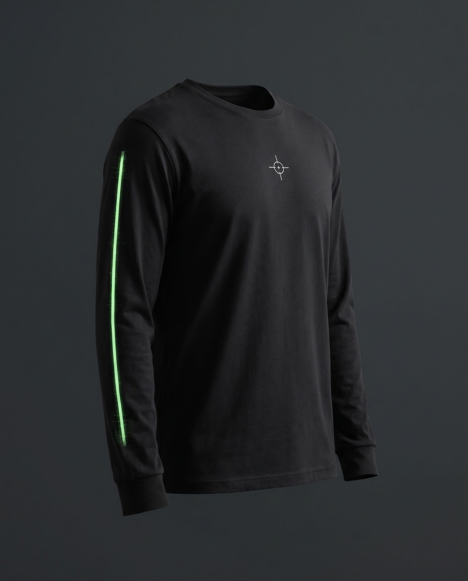 Mockup: black long sleeve with a lime beam printed down one arm