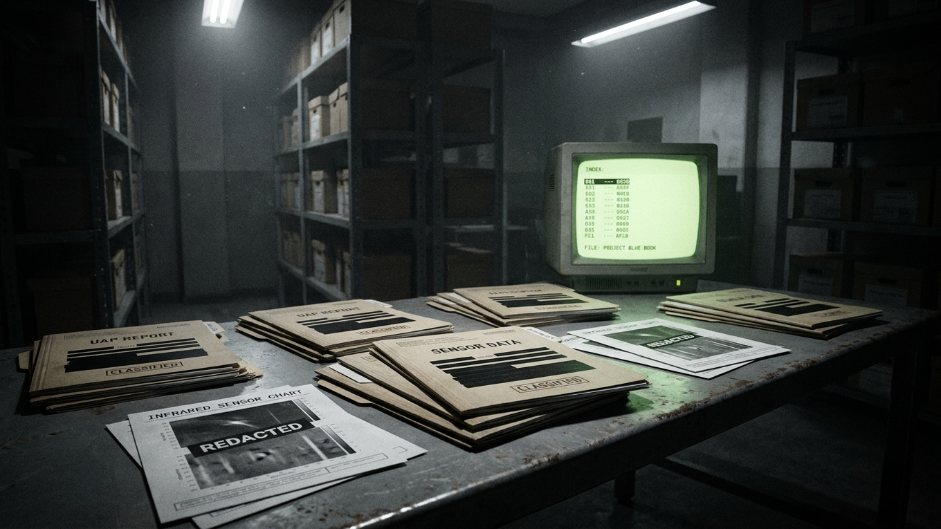 Illustration: a government records room of redacted UAP files under cold light