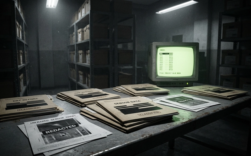 Illustration: a government records room of redacted UAP files under cold light