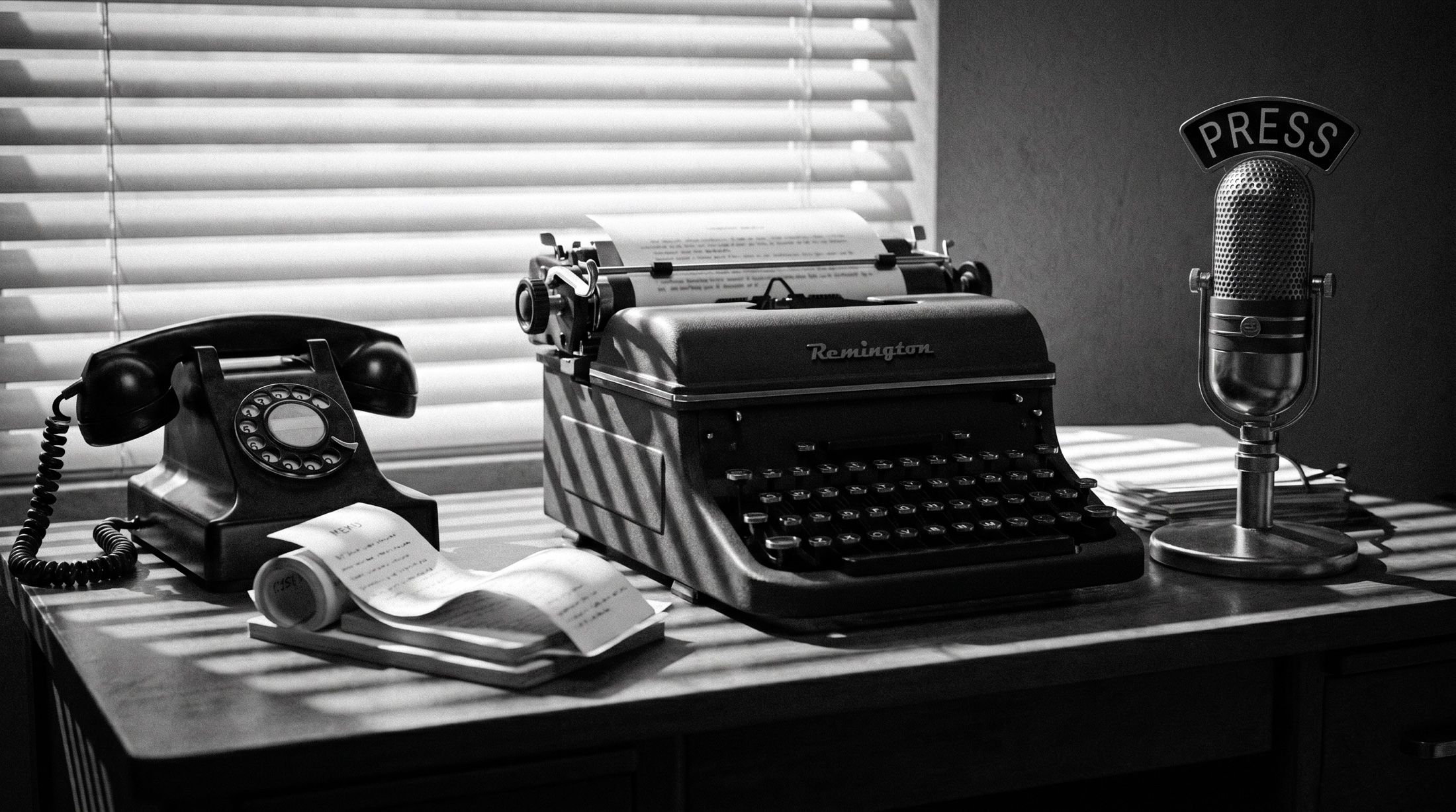 Illustration: a 1950s press-office desk with a typewriter and memo stacks