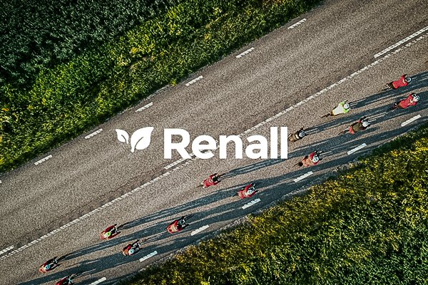 Aerial view of a road with cyclists, green landscape, and the white Renall logo with a leaf.