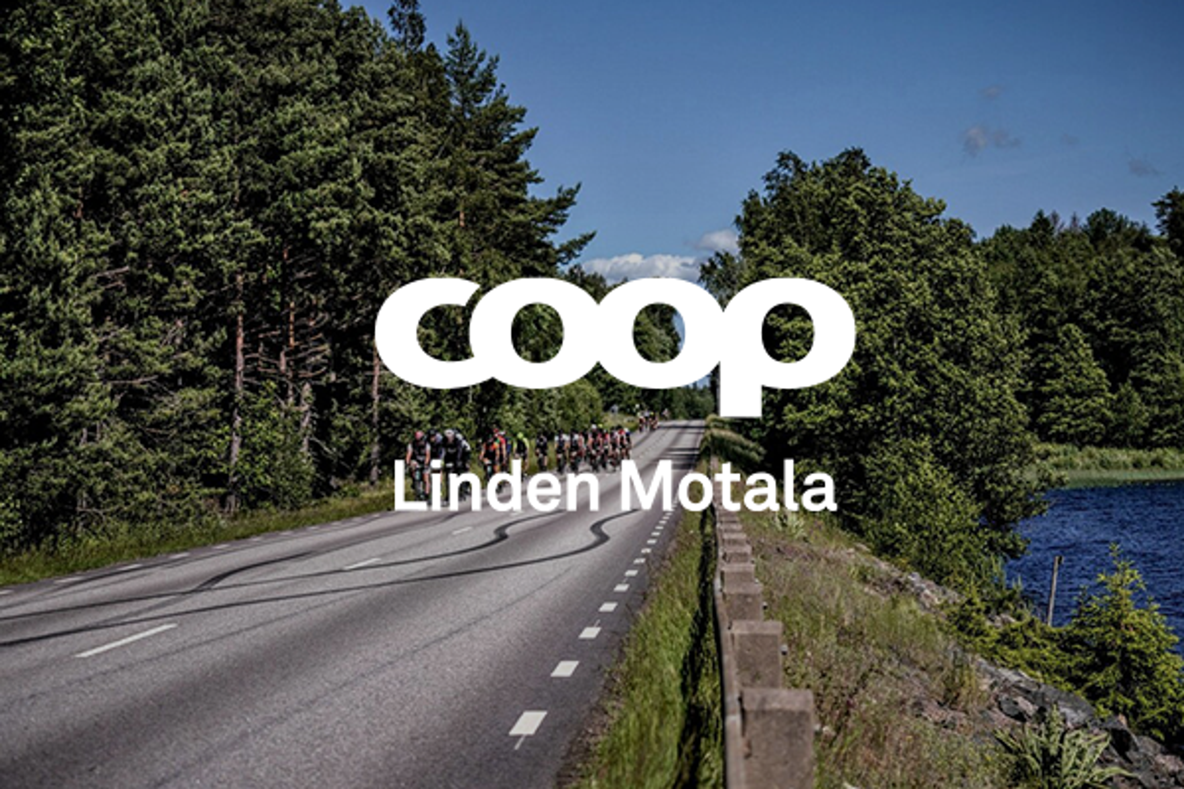 A group of cyclists rides on a road next to a forest and a lake, with the white "coop" logo and text "Linden Motala" overlaid.