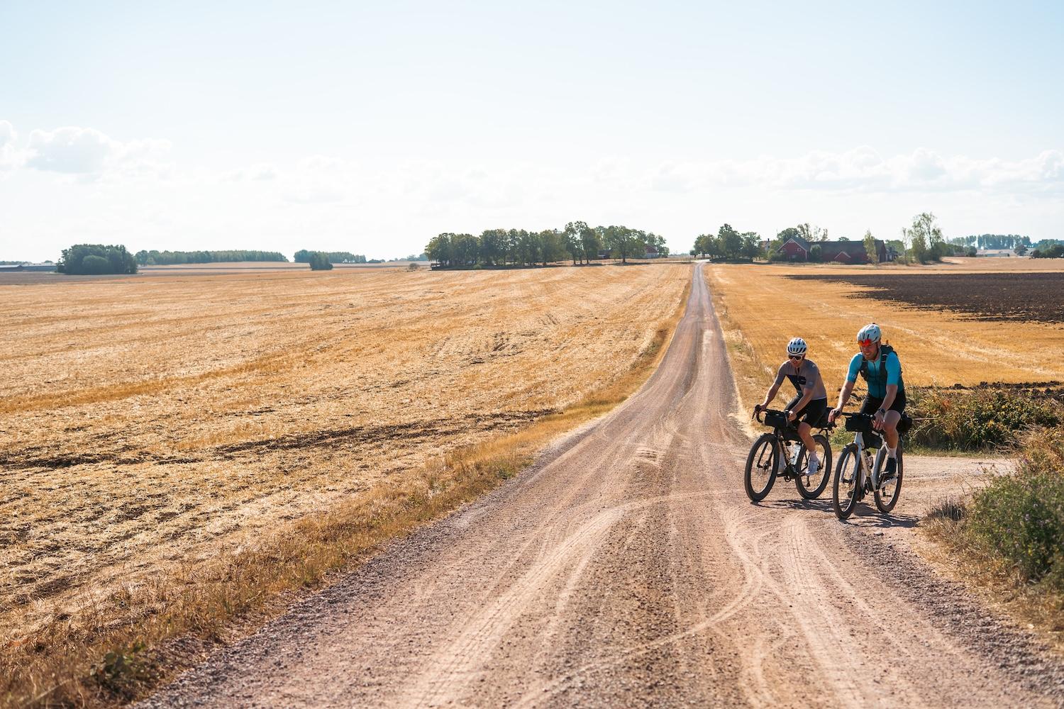 Two cyclists ride down a long gravel road through golden fields.