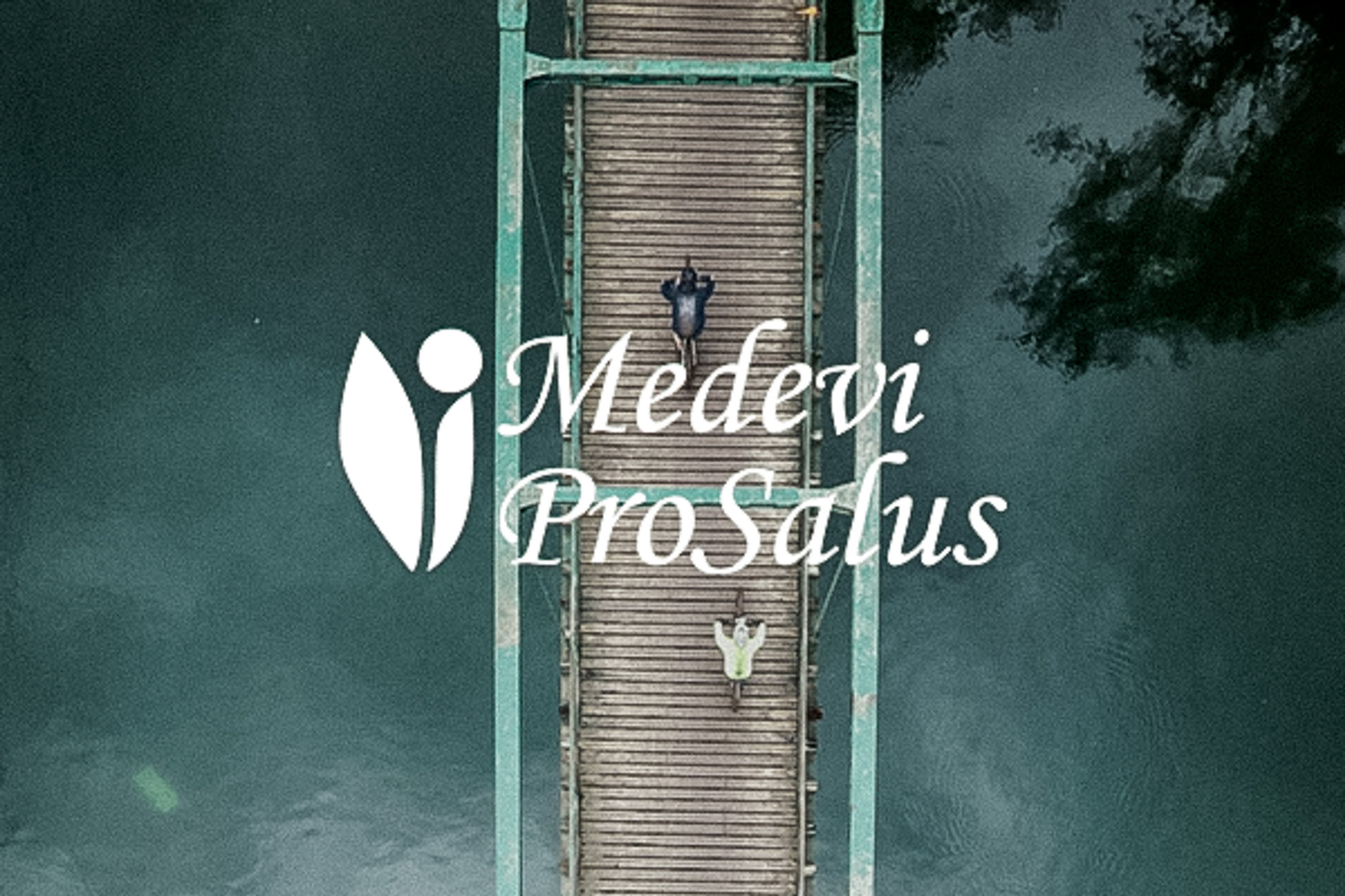 Medevi ProSalus logo and text overlaid on an aerial view of a bridge over water with two people.