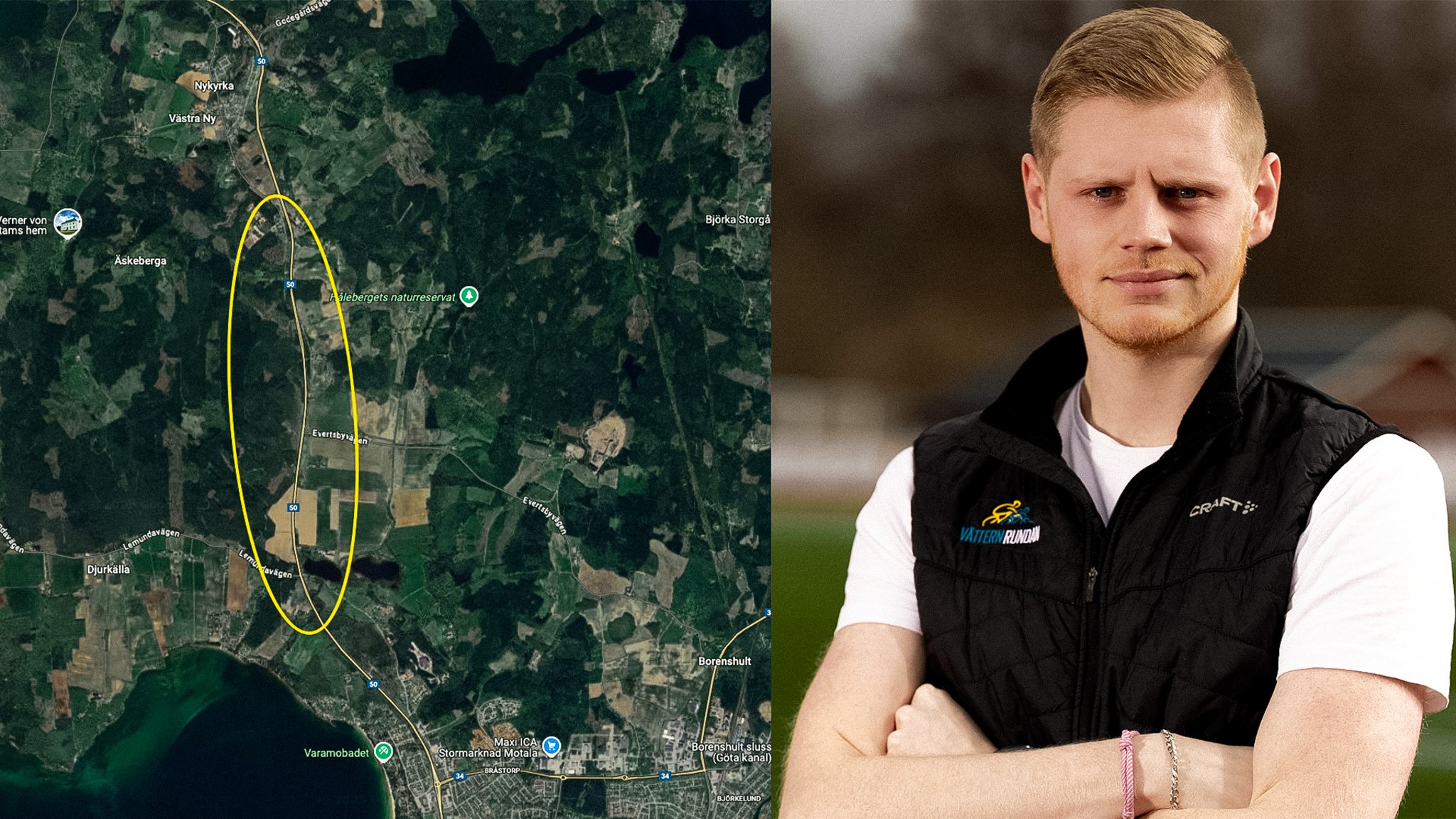 Satellite map showing a long, yellow-circled area of land, next to a portrait of a young man with a beard and black vest.