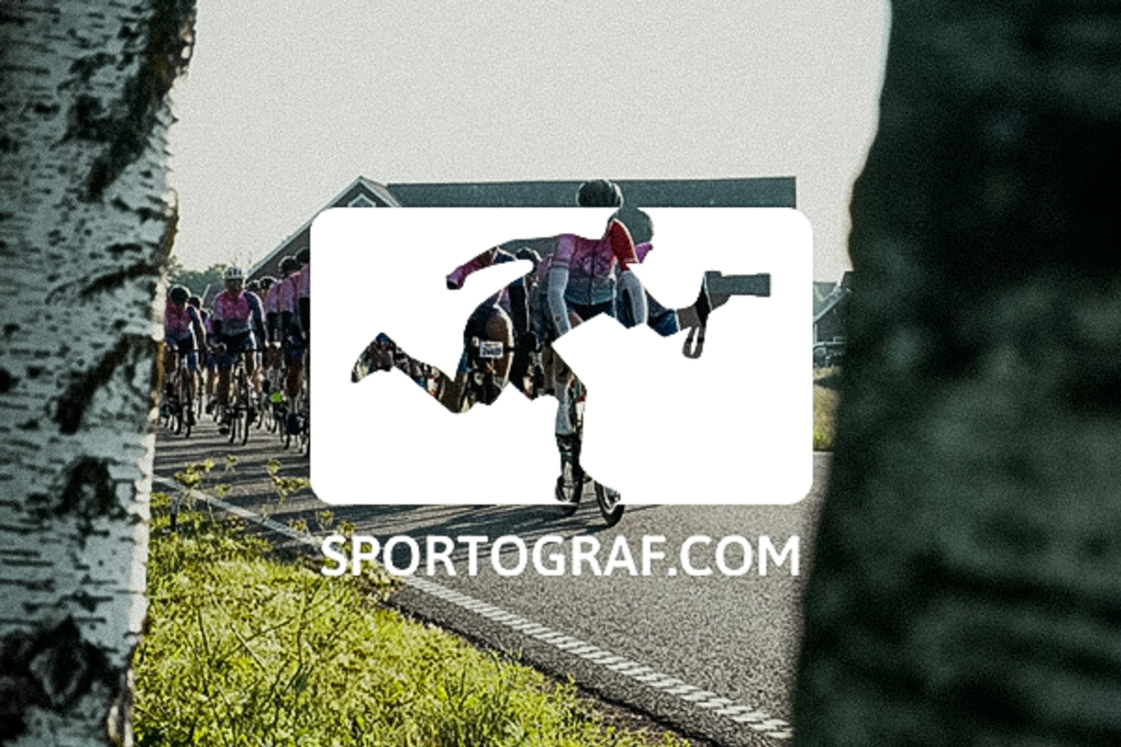 Sportograf.com logo: a runner with a camera, containing a cyclist image, superimposed on a blurred cycling race.