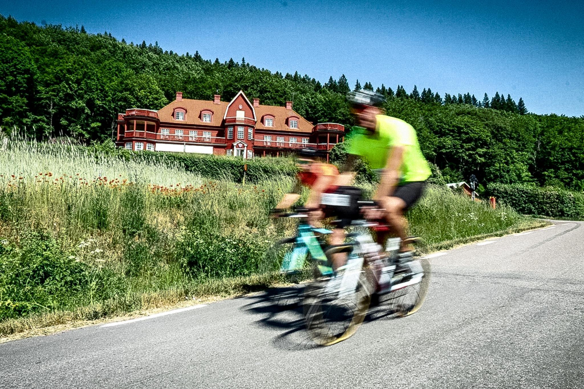 Two motion-blurred cyclists on a winding road, with a large red building on a lush, forested hill behind tall grass and wildflowers.