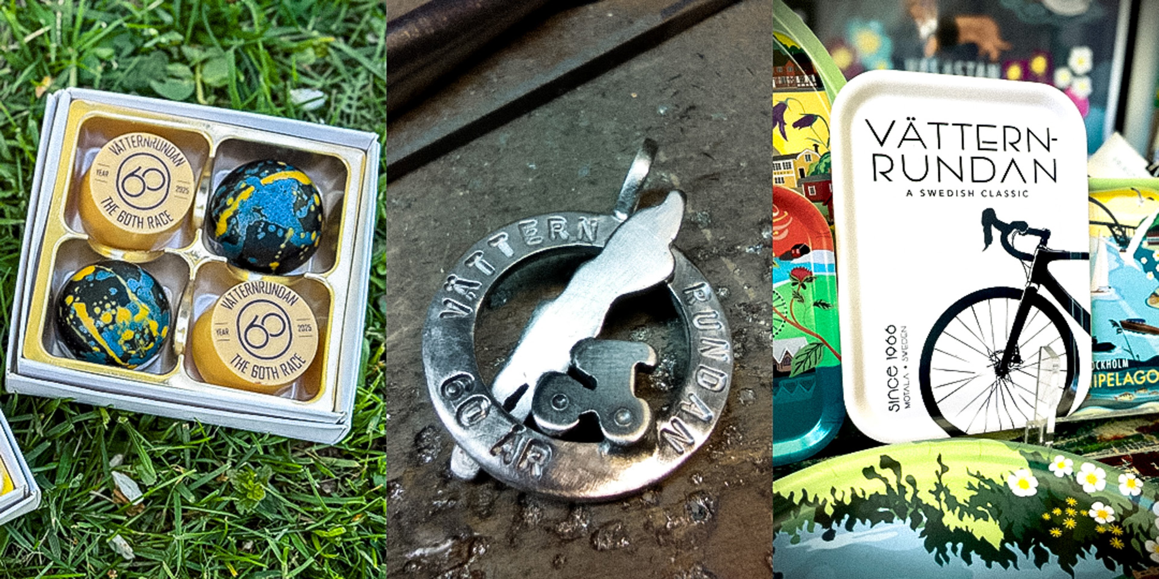 Vätternrundan themed merchandise: a box of chocolates, a metal bike pendant, and a decorative tin.