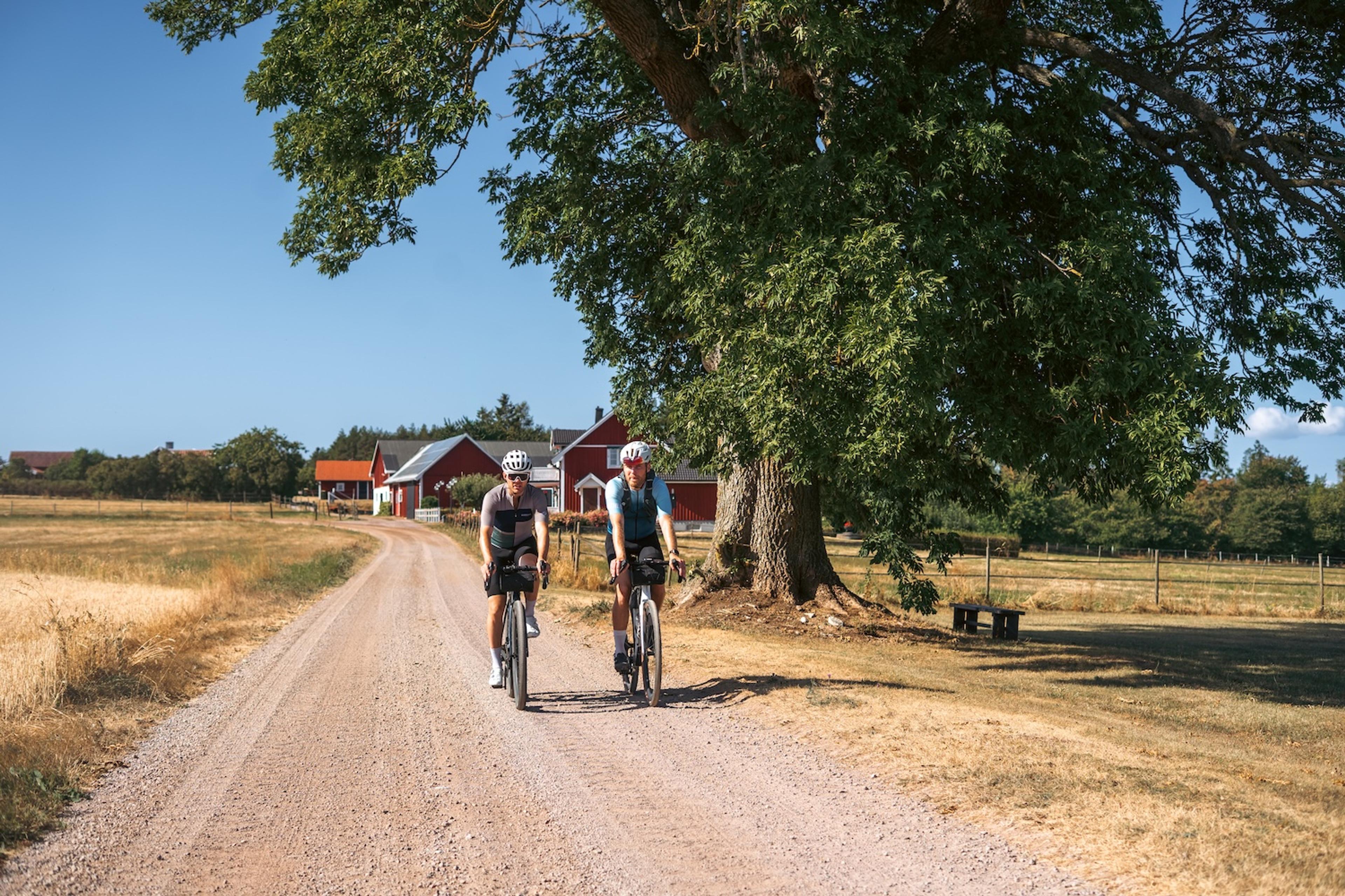 Two cyclists ride on a sunny gravel road through a rural landscape with red farm buildings.