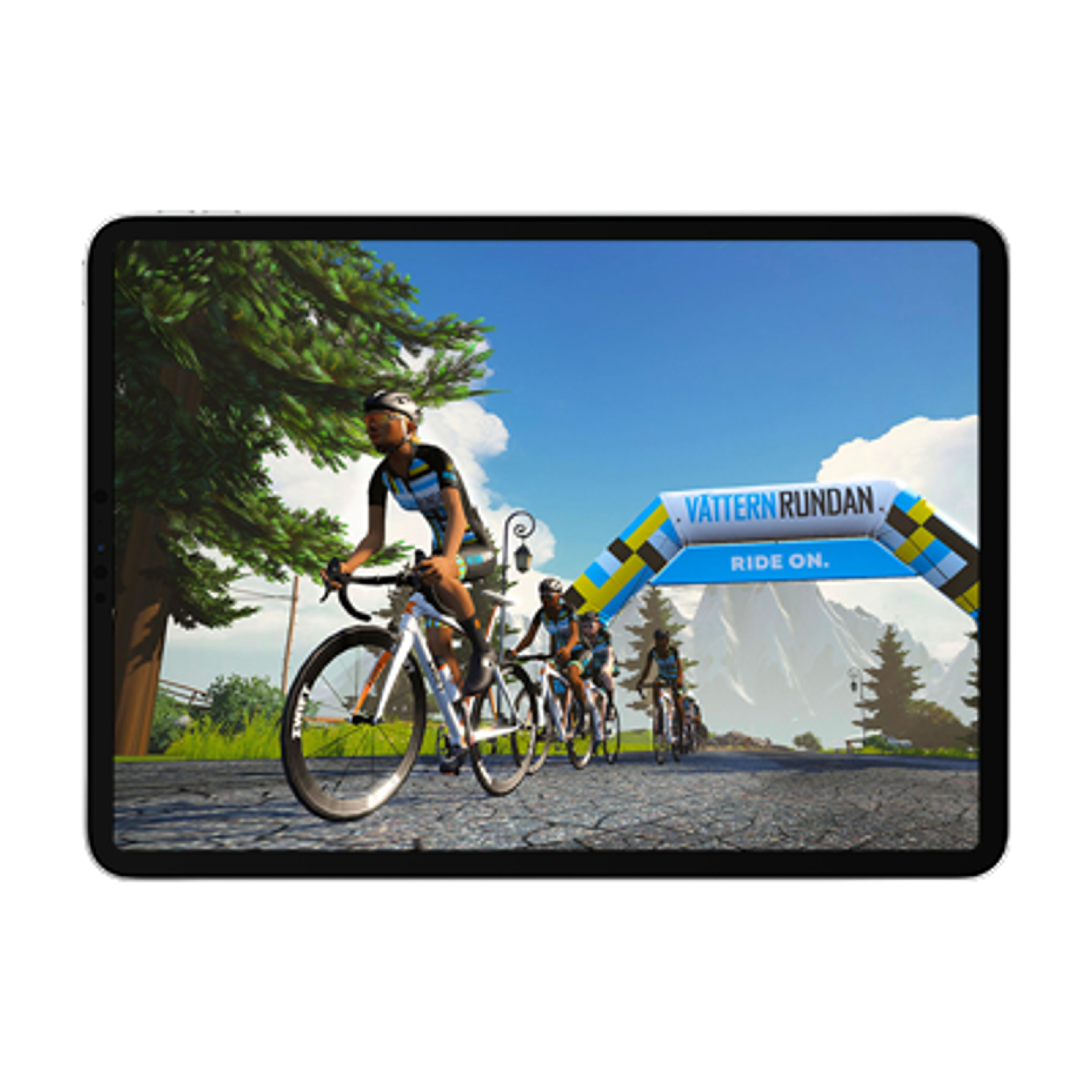 A tablet displaying a cycling simulation game with avatars on a road passing under a "Vätternrundan Ride On" archway.