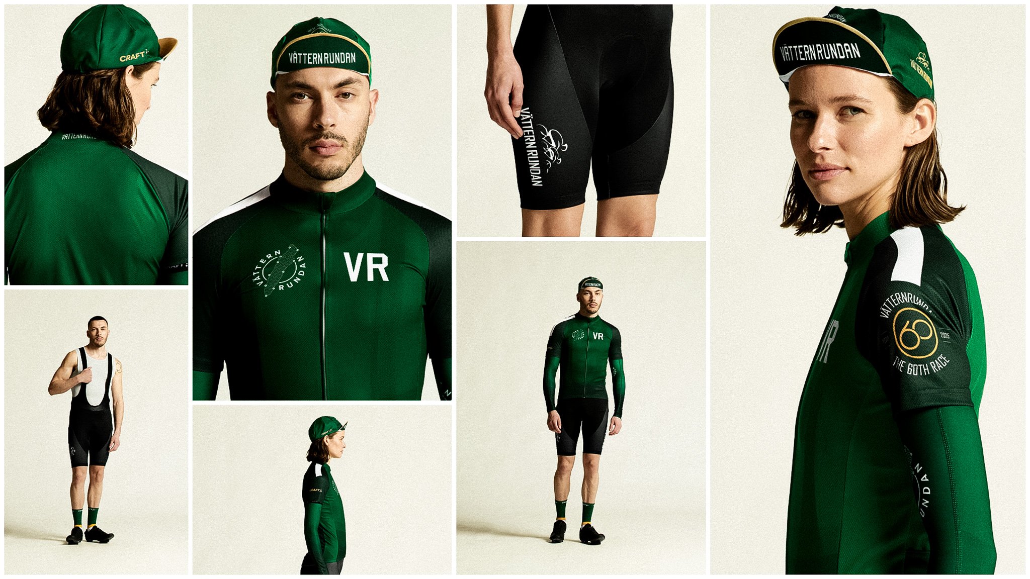 Green and black Craft Vätternrundan cycling jerseys, shorts, and caps, displayed on models in a multi-panel image.