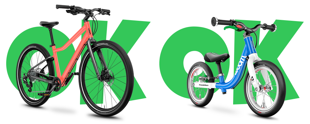 A coral adult bike and a blue child's bike with a green 'OK' background.