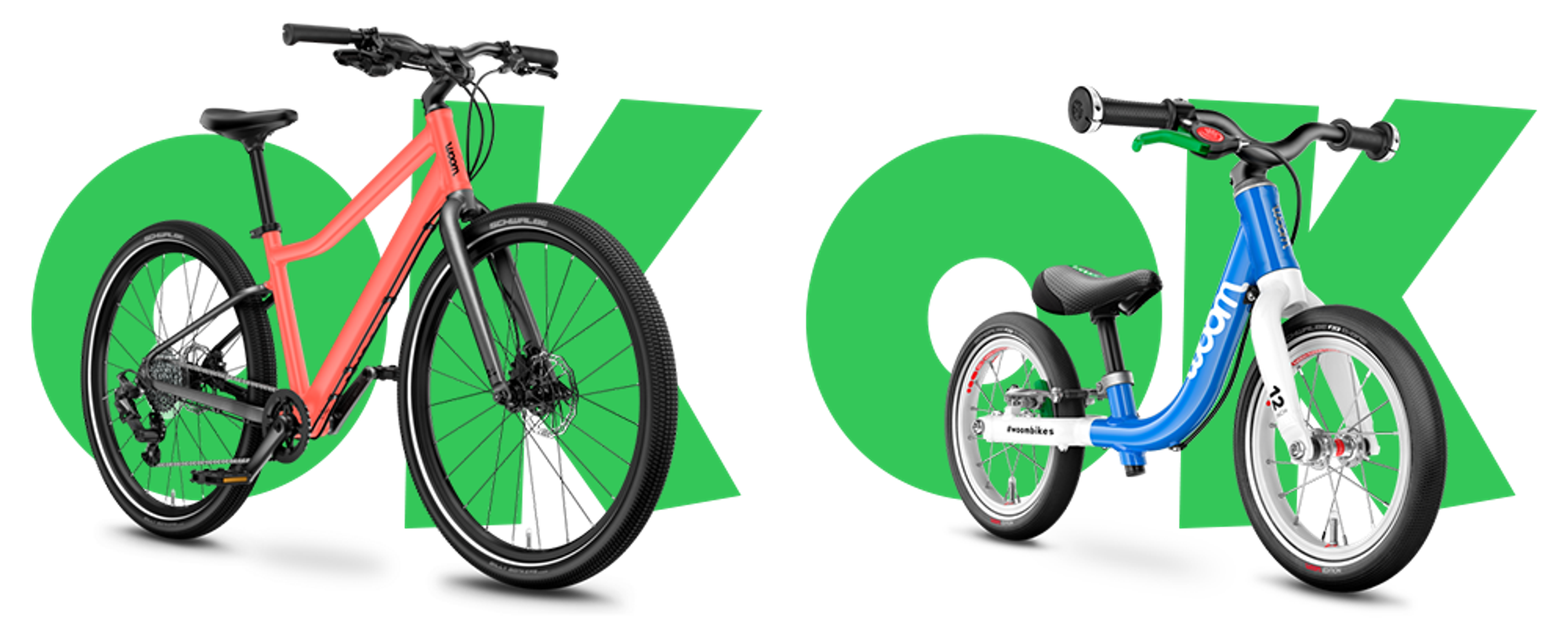 A coral adult bike and a blue child's bike with a green 'OK' background.
