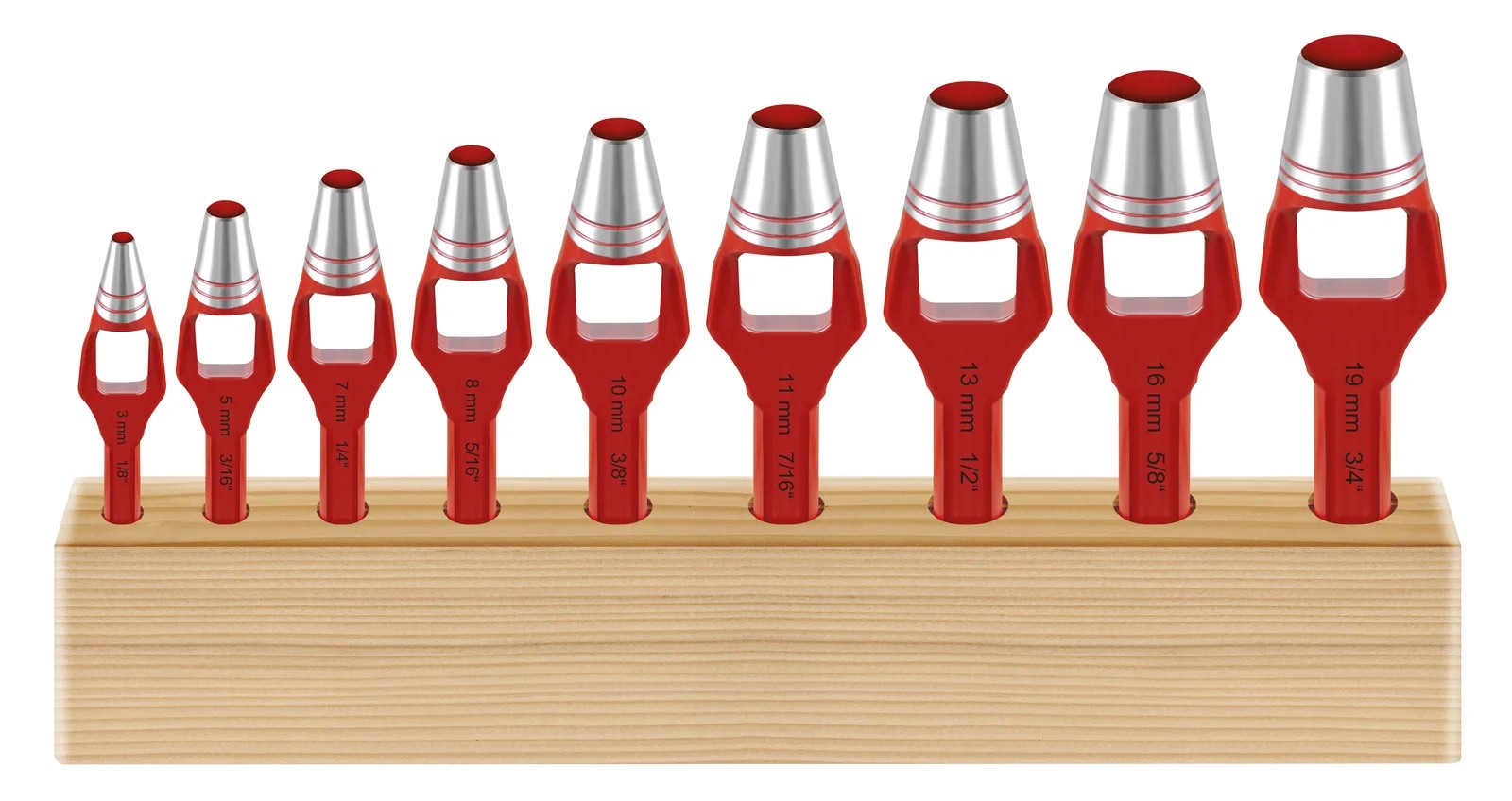 Henkellocheisen-Satz im Holzständer 3-19mm (9-tlg.)