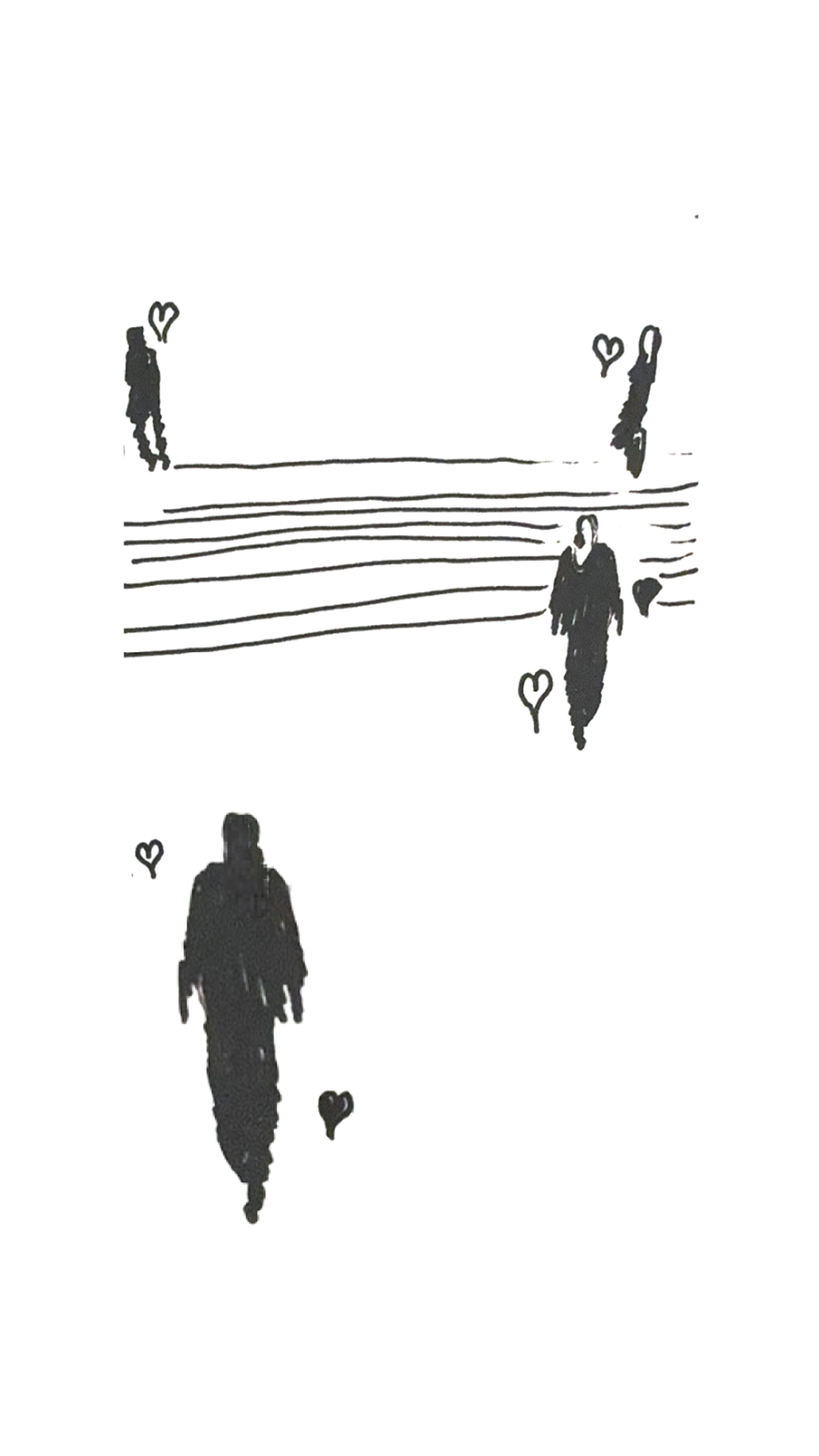 Hand-drawn storyboard of a fashion show — three small runway figures walking past horizontal ink lines, with floating hand-drawn hearts above them.