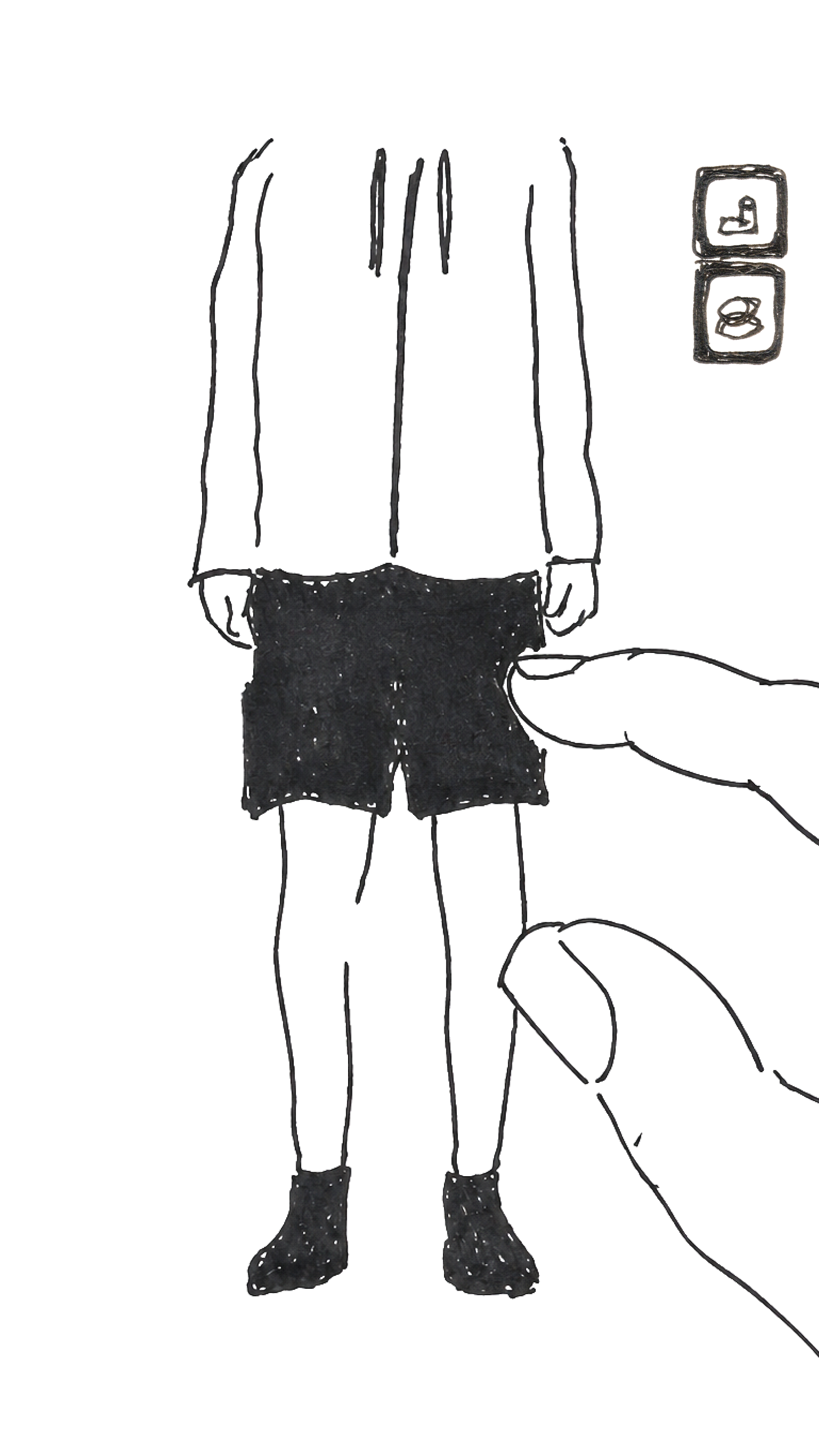 Hand-drawn sketch of a person in shorts with a finger touching the waistband from the right, with two small icon tags (a hanger and a ring) floating beside them.