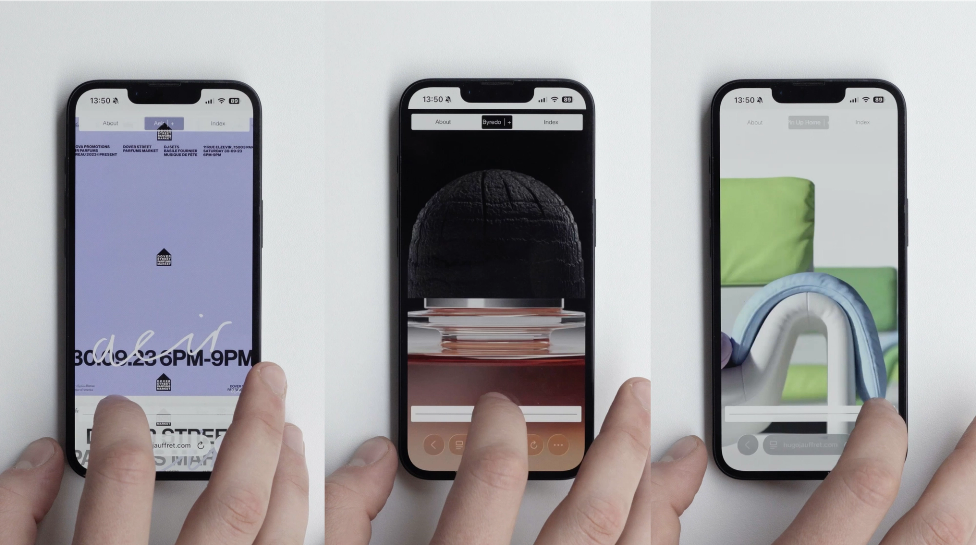Three side-by-side video stills of hands holding smartphones displaying Hugo Jauffret's portfolio with a chair photo and a green sofa photo.