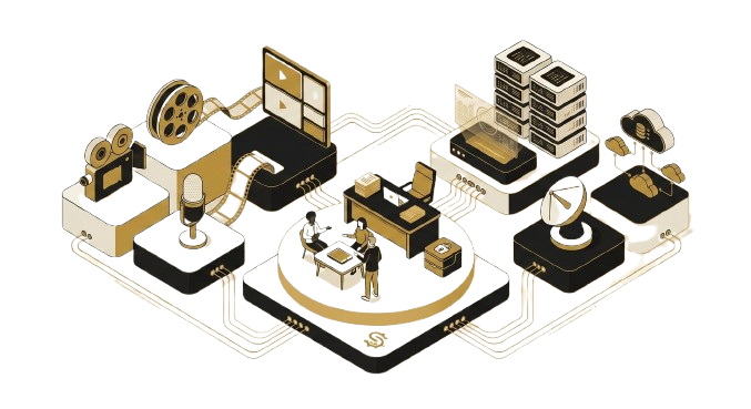 Isometric illustration representing media, technology and consultancy services