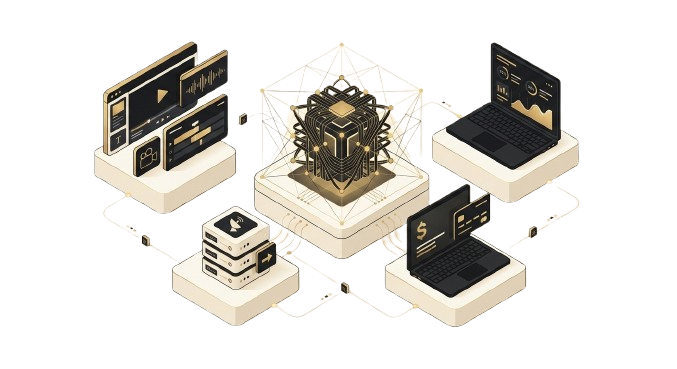 Isometric media-tech ecosystem visualization.
