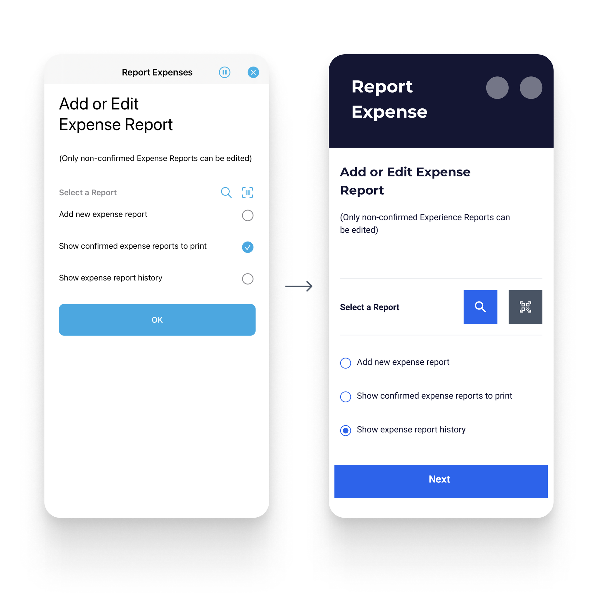 Novacura Flow mobile screens before and after the redesign