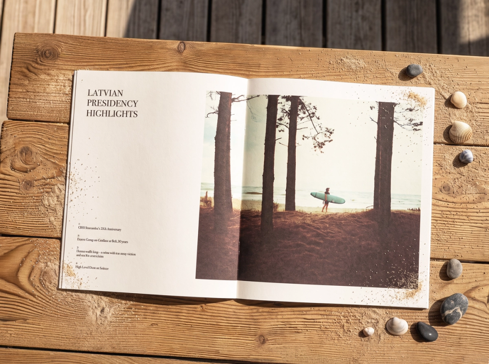 Report spread on wooden boards next to beach pebbles
